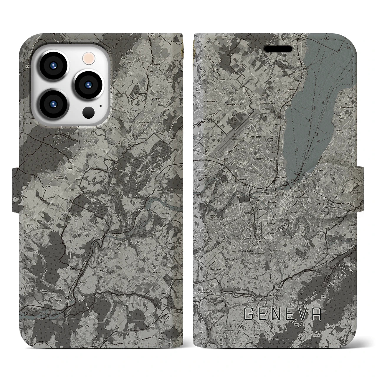 【ジュネーヴ(スイス)】地図柄iPhoneケース(手帳タイプ)モノトーン・iPhone 13 Pro 用
