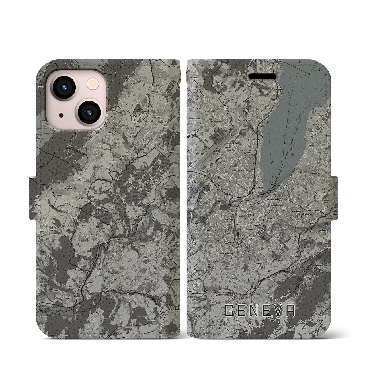 【ジュネーヴ(スイス)】地図柄iPhoneケース(手帳タイプ)モノトーン・iPhone 13 mini 用