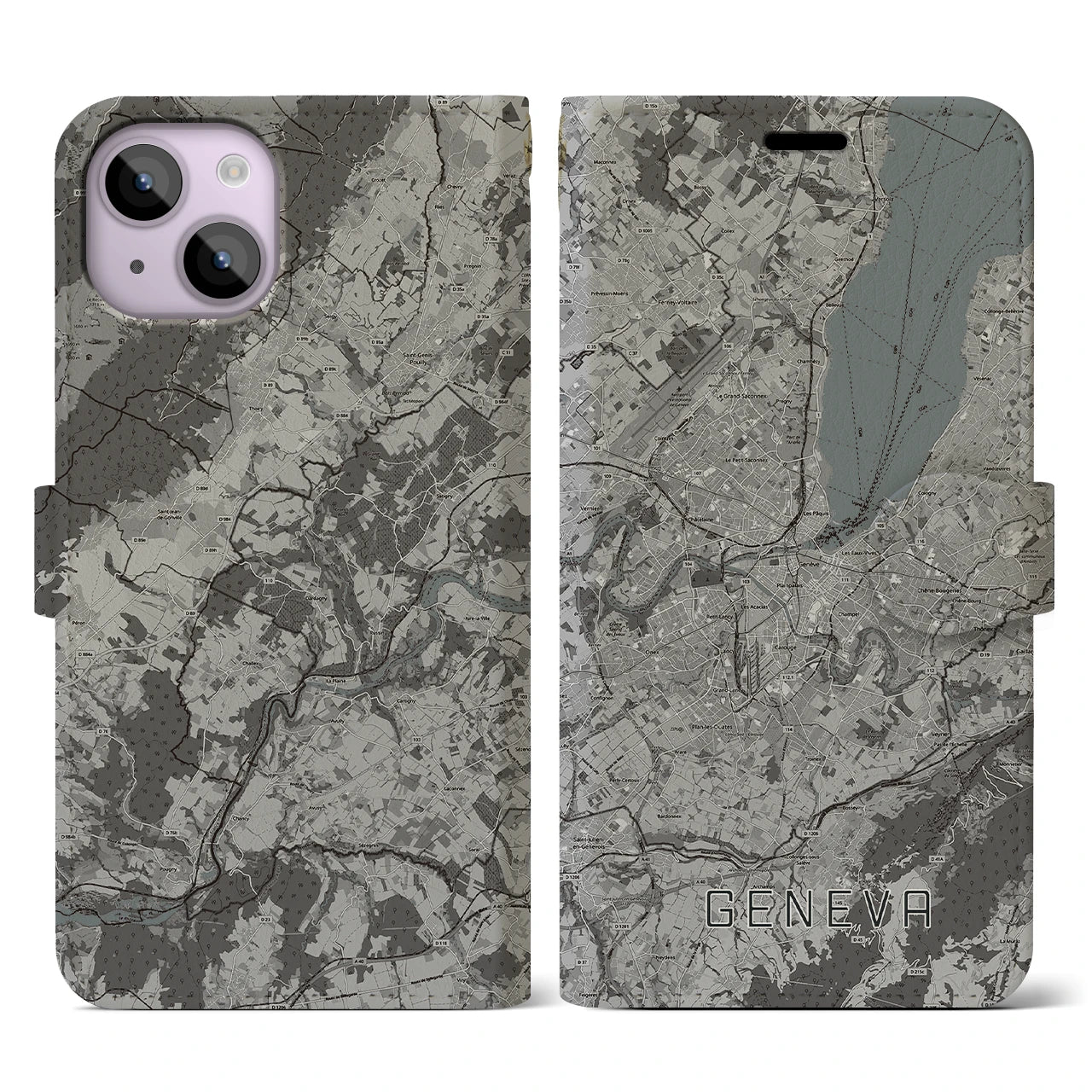【ジュネーヴ(スイス)】地図柄iPhoneケース(手帳タイプ)モノトーン・iPhone 14 用