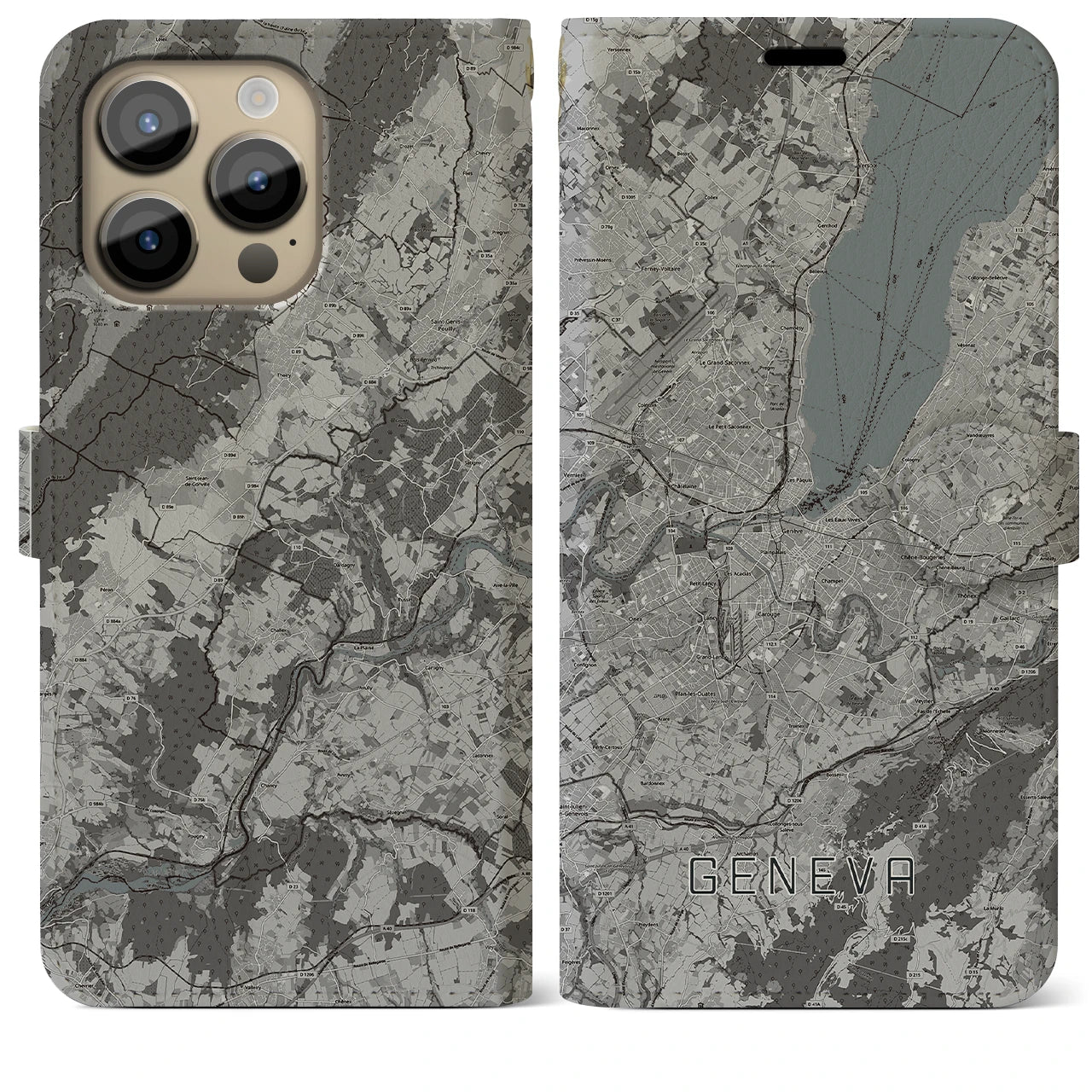 【ジュネーヴ(スイス)】地図柄iPhoneケース(手帳タイプ)モノトーン・iPhone 14 Pro Max 用