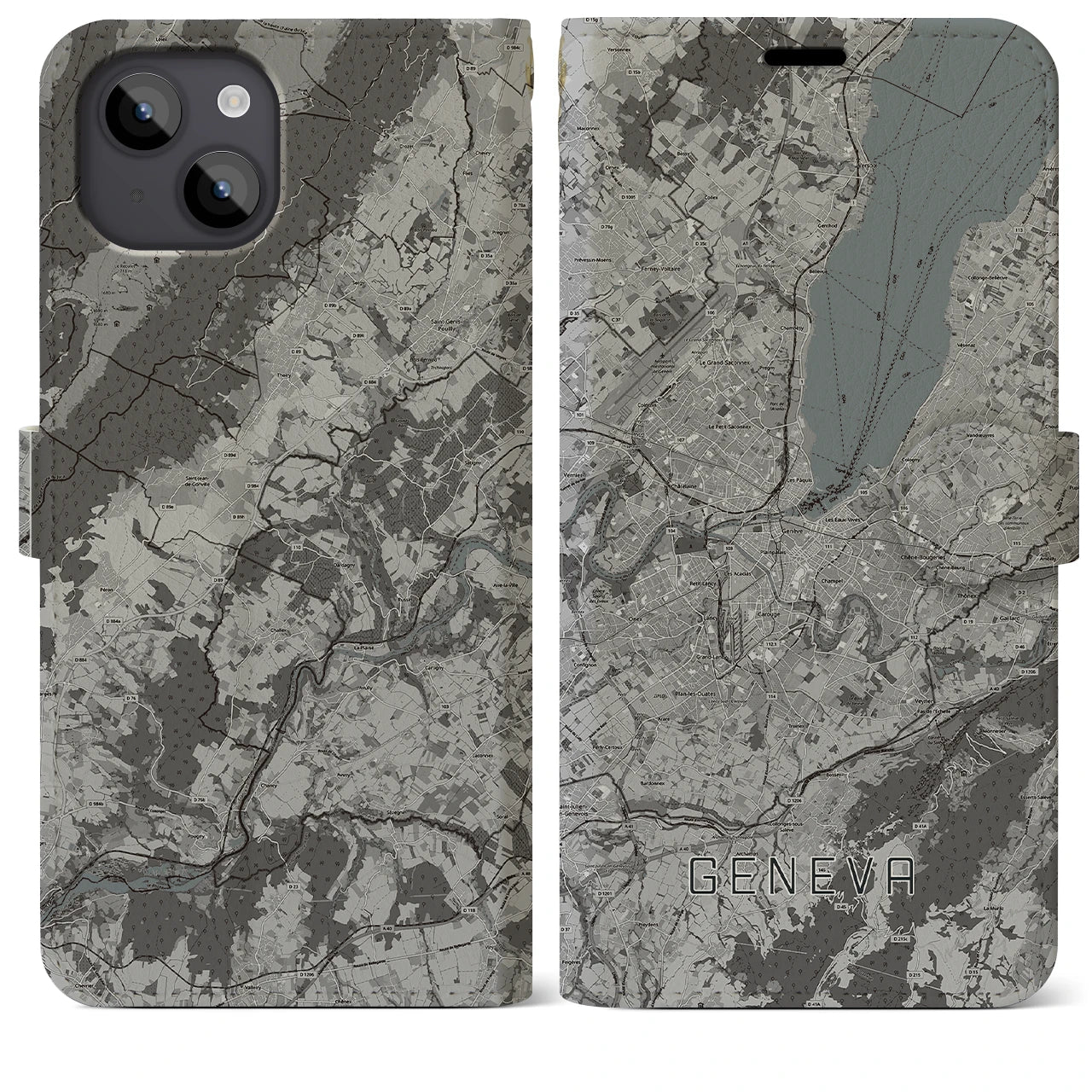 【ジュネーヴ(スイス)】地図柄iPhoneケース(手帳タイプ)モノトーン・iPhone 14 Plus 用