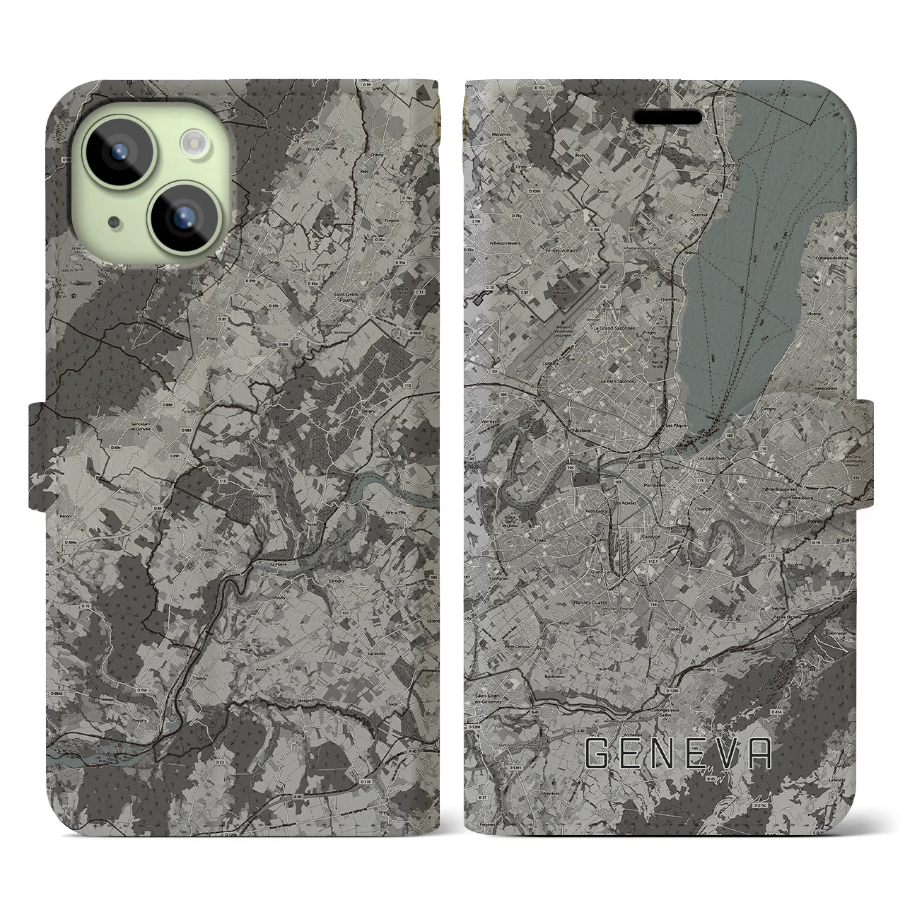 【ジュネーヴ(スイス)】地図柄iPhoneケース(手帳タイプ)モノトーン・iPhone 15 用