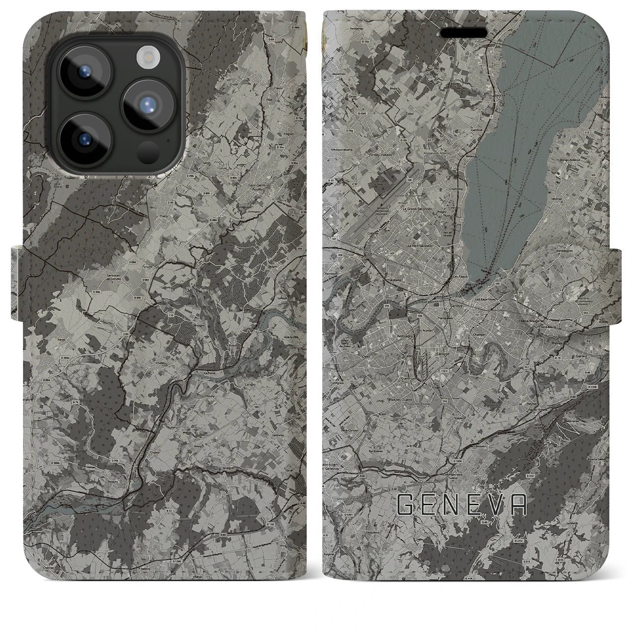 【ジュネーヴ(スイス)】地図柄iPhoneケース(手帳タイプ)モノトーン・iPhone 15 Pro Max 用
