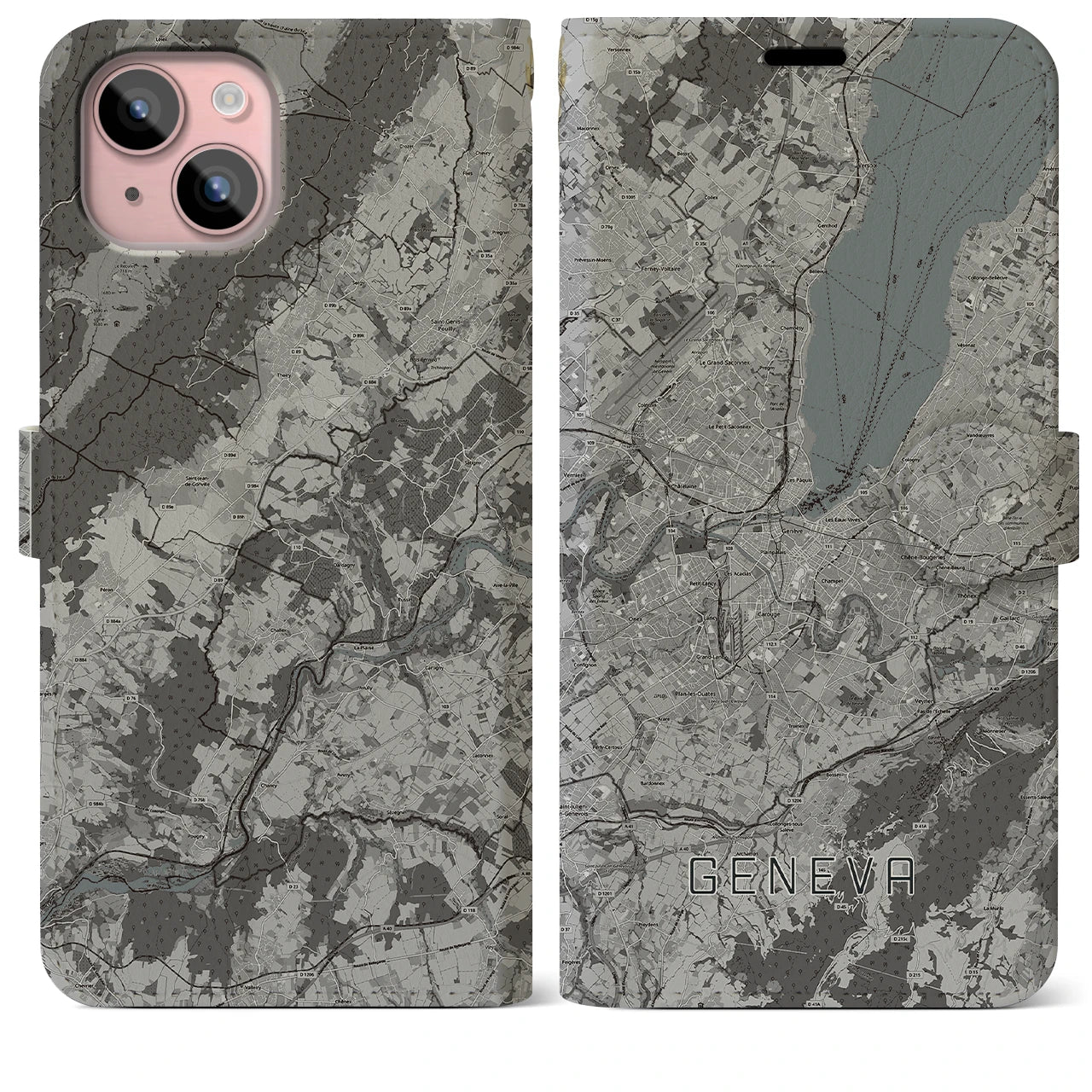 【ジュネーヴ(スイス)】地図柄iPhoneケース(手帳タイプ)モノトーン・iPhone 15 Plus 用