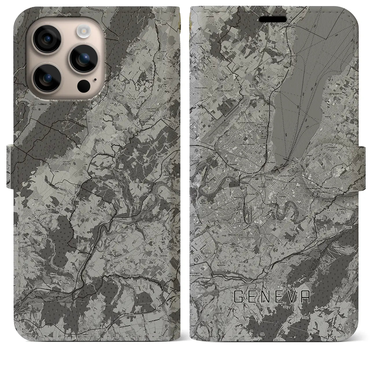 【ジュネーヴ(スイス)】地図柄iPhoneケース(手帳タイプ)モノトーン・iPhone 16 Plus 用
