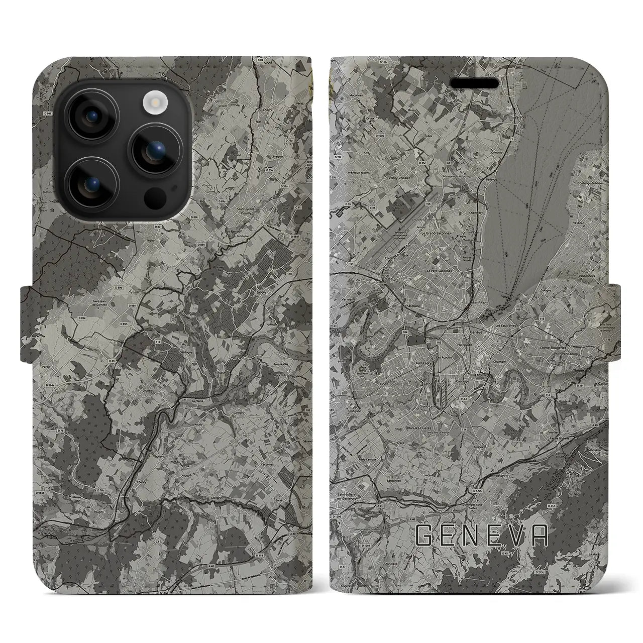 【ジュネーヴ(スイス)】地図柄iPhoneケース(手帳タイプ)モノトーン・iPhone 16 用