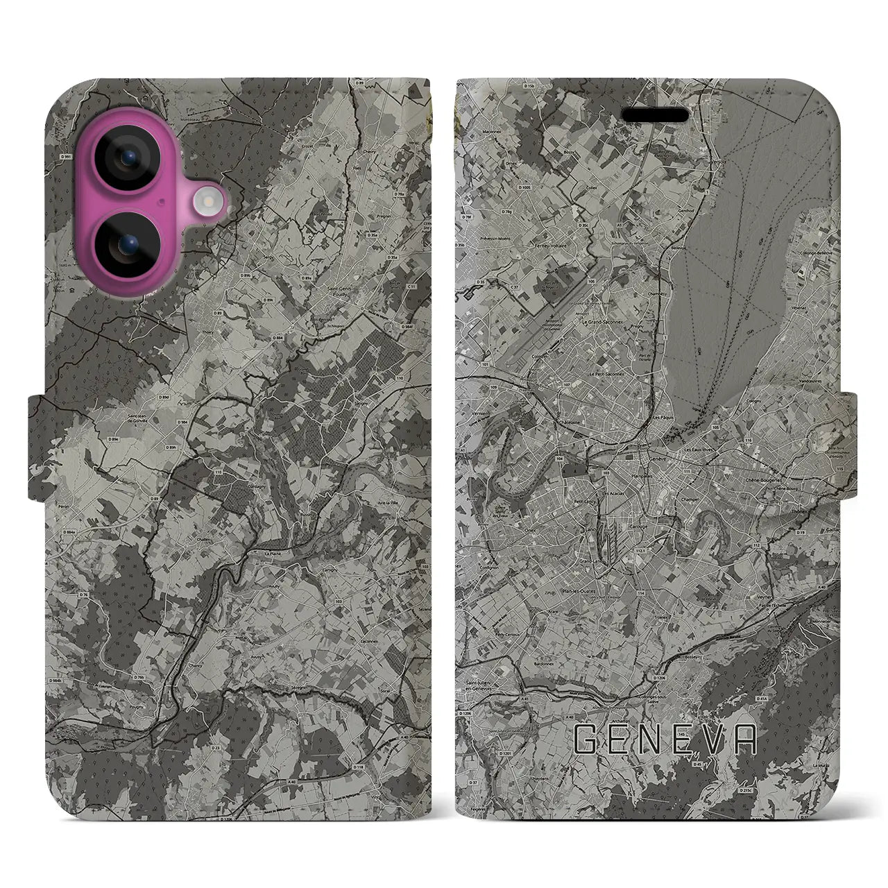 【ジュネーヴ(スイス)】地図柄iPhoneケース(手帳タイプ)モノトーン・iPhone 16 Pro 用