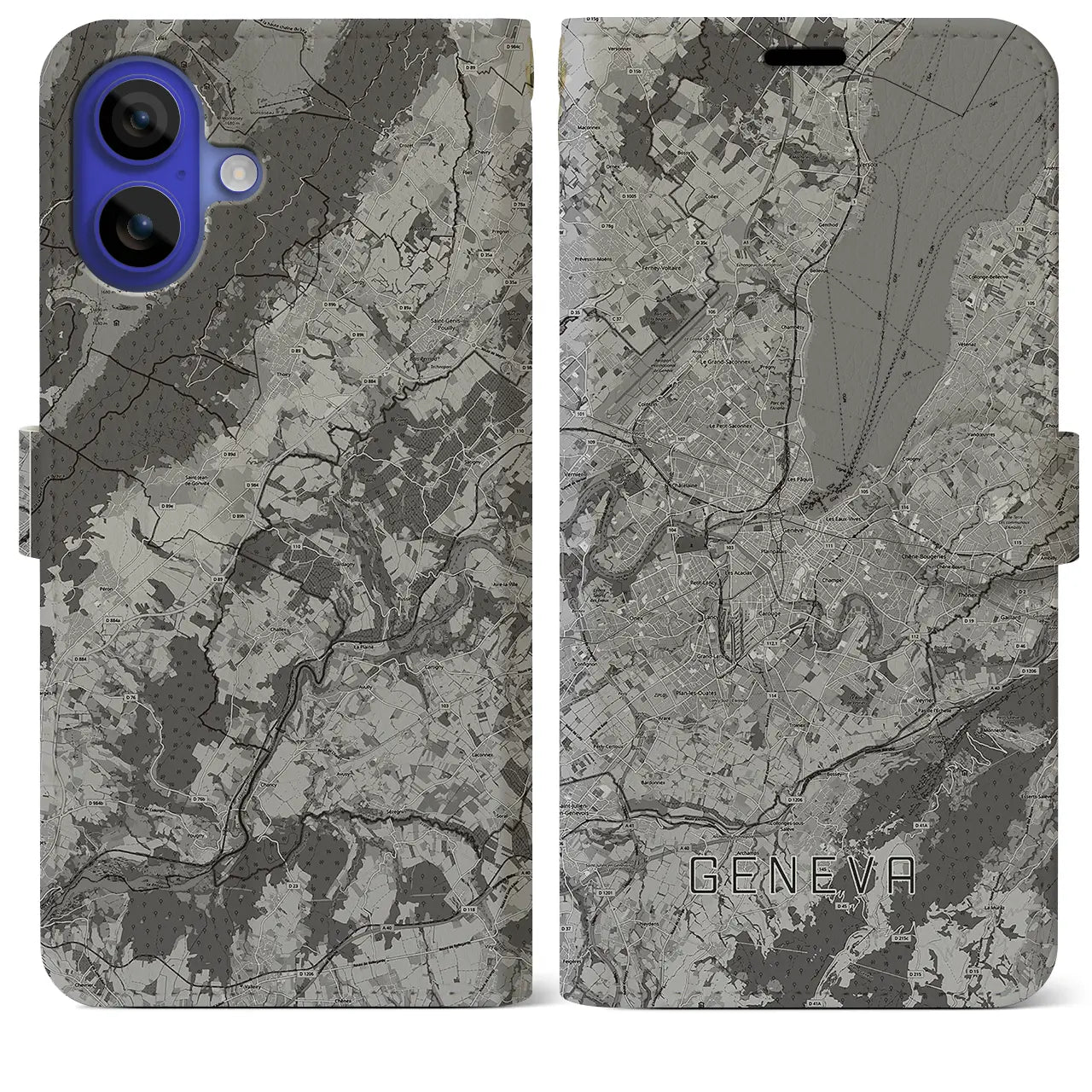 【ジュネーヴ(スイス)】地図柄iPhoneケース(手帳タイプ)モノトーン・iPhone 16 Pro Max 用