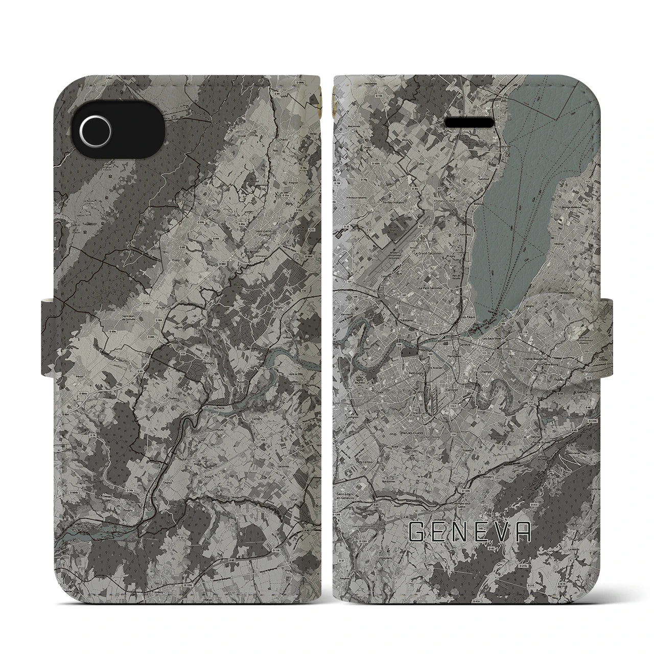 【ジュネーヴ(スイス)】地図柄iPhoneケース(手帳タイプ)モノトーン・iPhone SE(第3 / 第2世代) / 8 / 7 / 6s / 6 用
