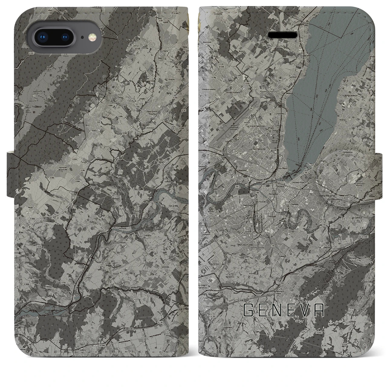 【ジュネーヴ(スイス)】地図柄iPhoneケース(手帳タイプ)モノトーン・iPhone 8Plus /7Plus / 6sPlus / 6Plus 用