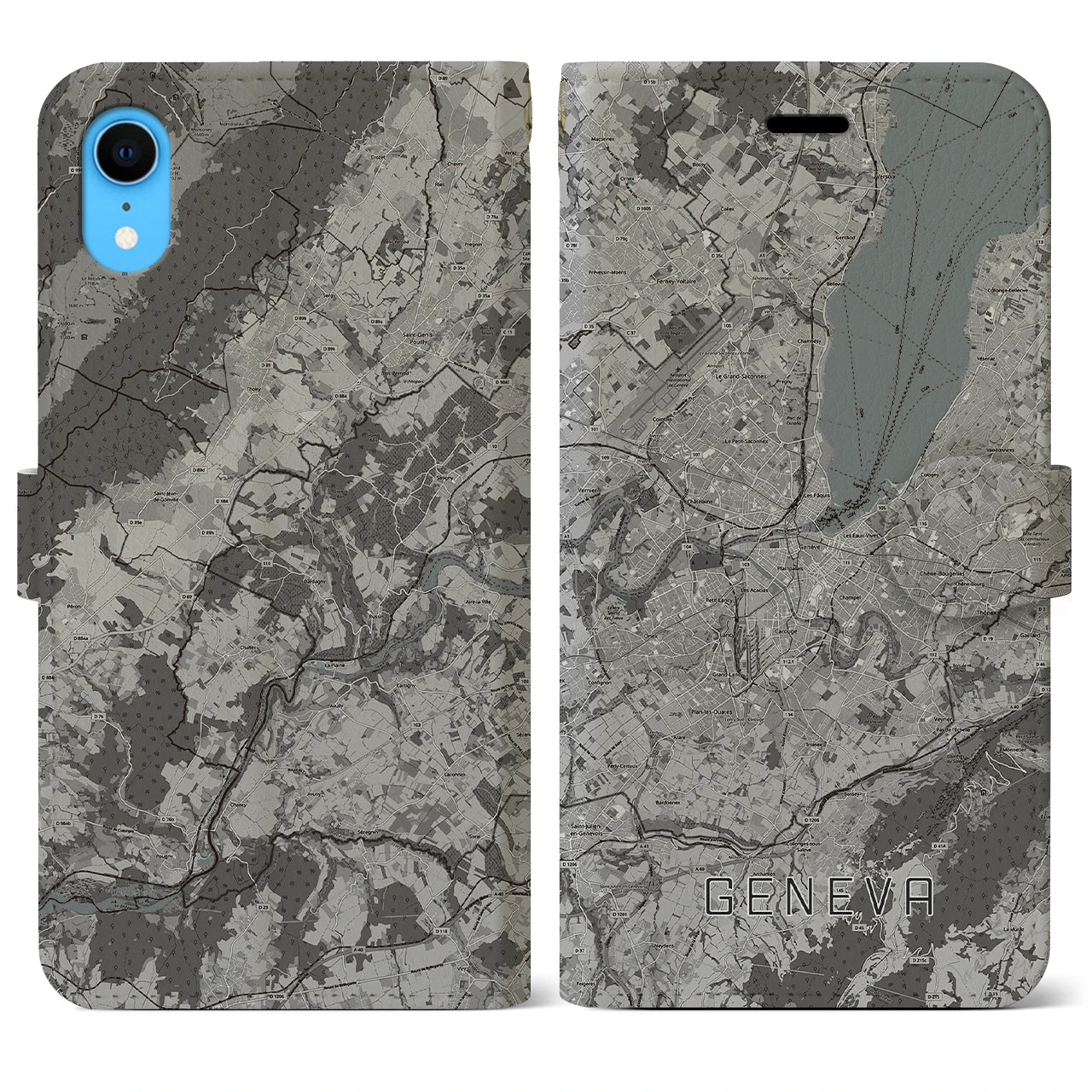 【ジュネーヴ(スイス)】地図柄iPhoneケース(手帳タイプ)モノトーン・iPhone XR 用