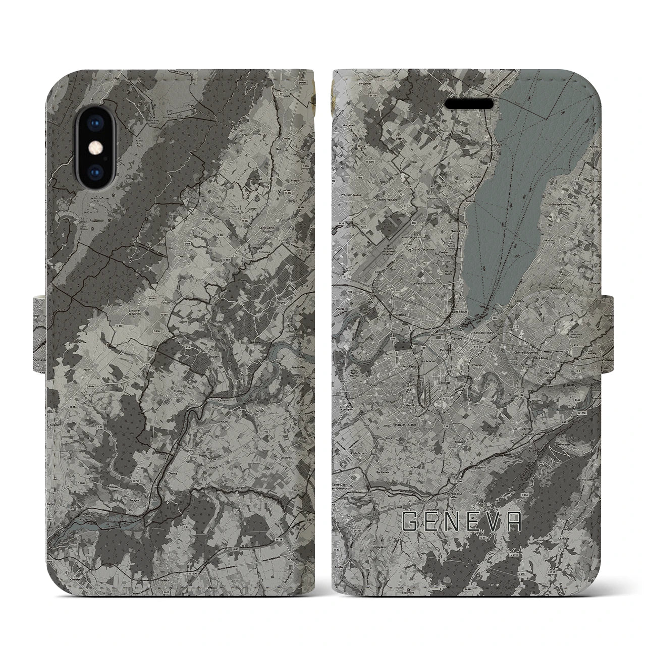 【ジュネーヴ(スイス)】地図柄iPhoneケース(手帳タイプ)モノトーン・iPhone XS / X 用