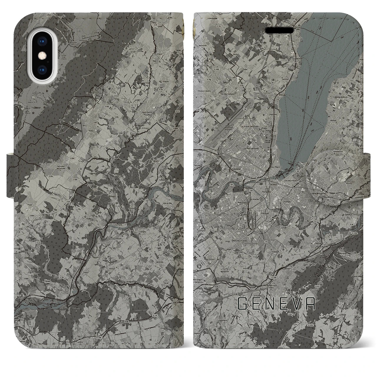 【ジュネーヴ(スイス)】地図柄iPhoneケース(手帳タイプ)モノトーン・iPhone XS Max 用