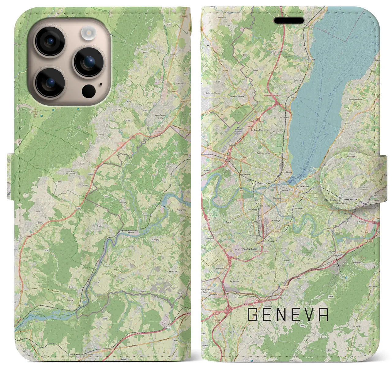 【ジュネーヴ(スイス)】地図柄iPhoneケース(手帳タイプ)ナチュラル・iPhone 16 Plus 用