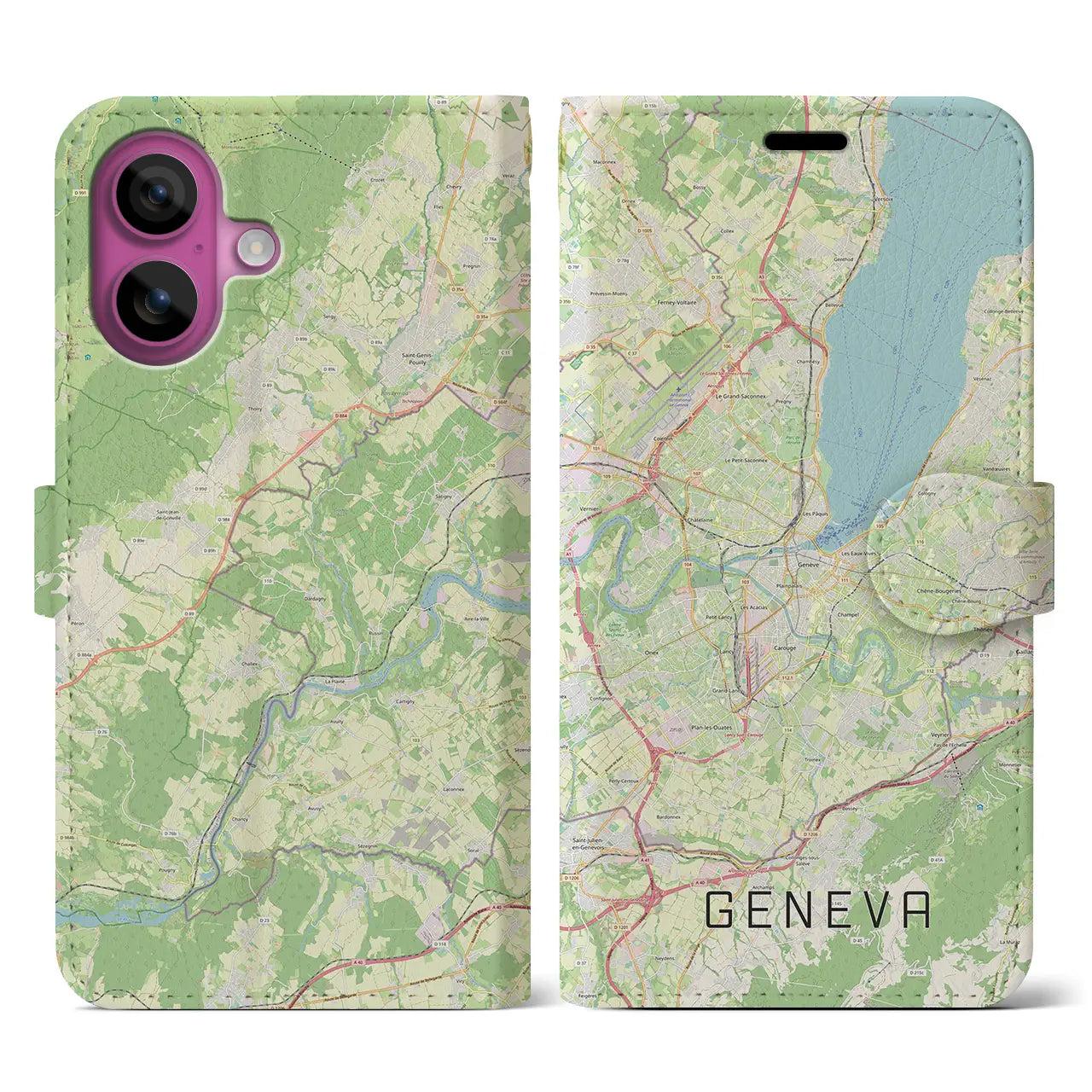 【ジュネーヴ(スイス)】地図柄iPhoneケース(手帳タイプ)ナチュラル・iPhone 16 Pro 用