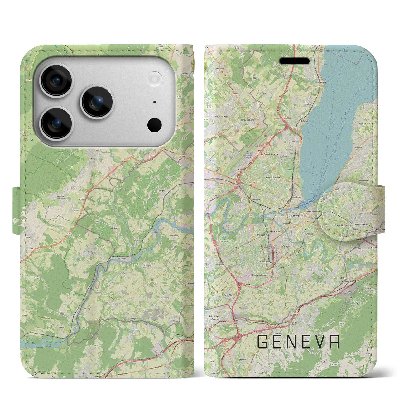 【ジュネーヴ(スイス)】地図柄iPhoneケース(手帳タイプ)ナチュラル・iPhone 17 Pro Max 用