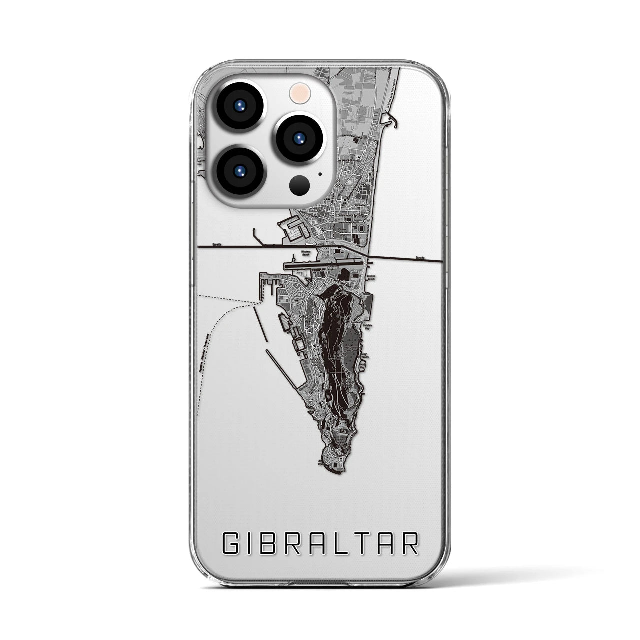 【ジブラルタル(イギリス)】地図柄iPhoneケース(クリアタイプ)モノトーン・iPhone 13 Pro 用