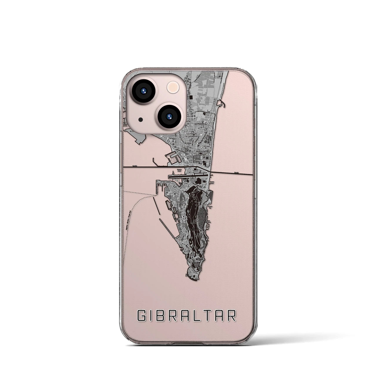 【ジブラルタル(イギリス)】地図柄iPhoneケース(クリアタイプ)モノトーン・iPhone 13 mini 用