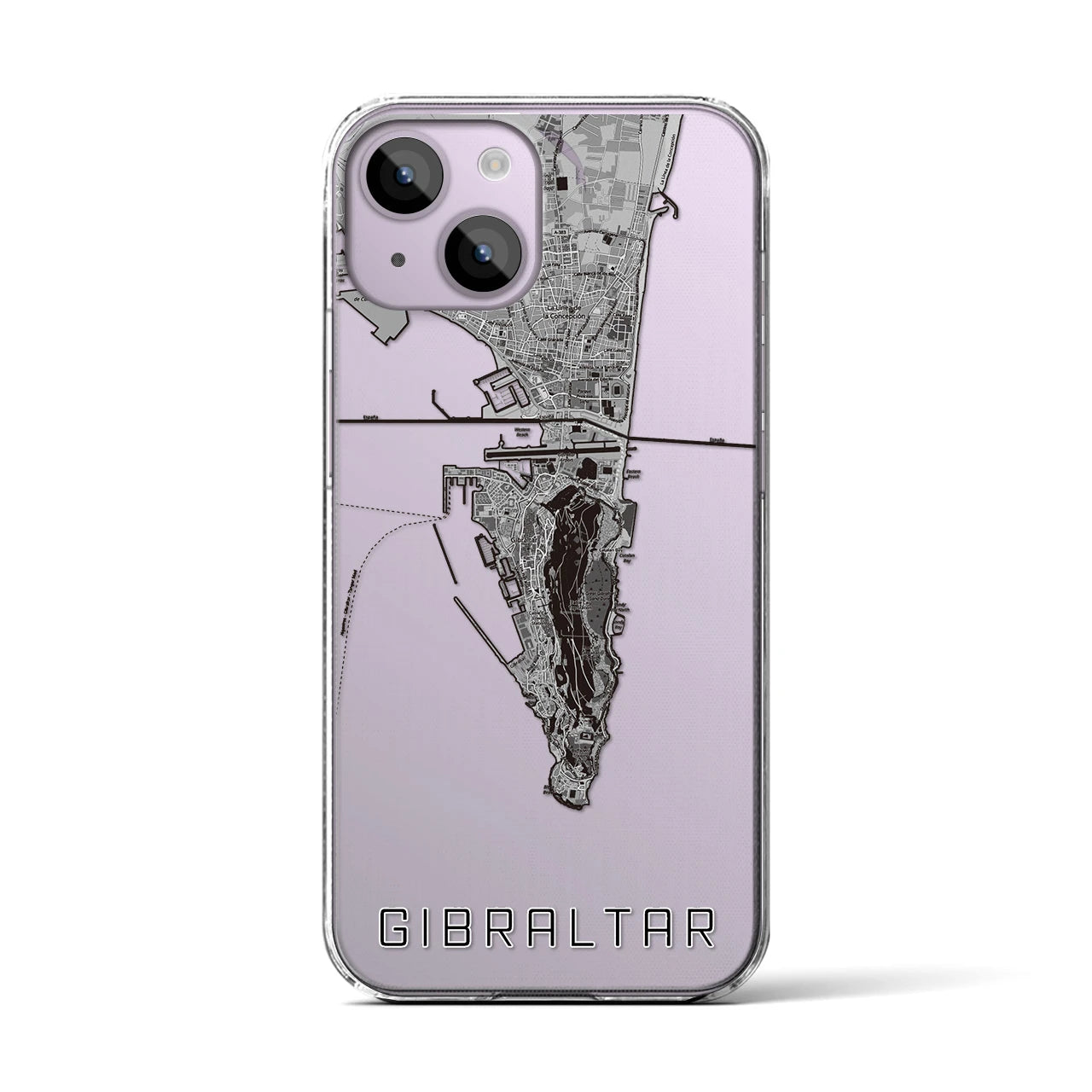 【ジブラルタル(イギリス)】地図柄iPhoneケース(クリアタイプ)モノトーン・iPhone 14 用
