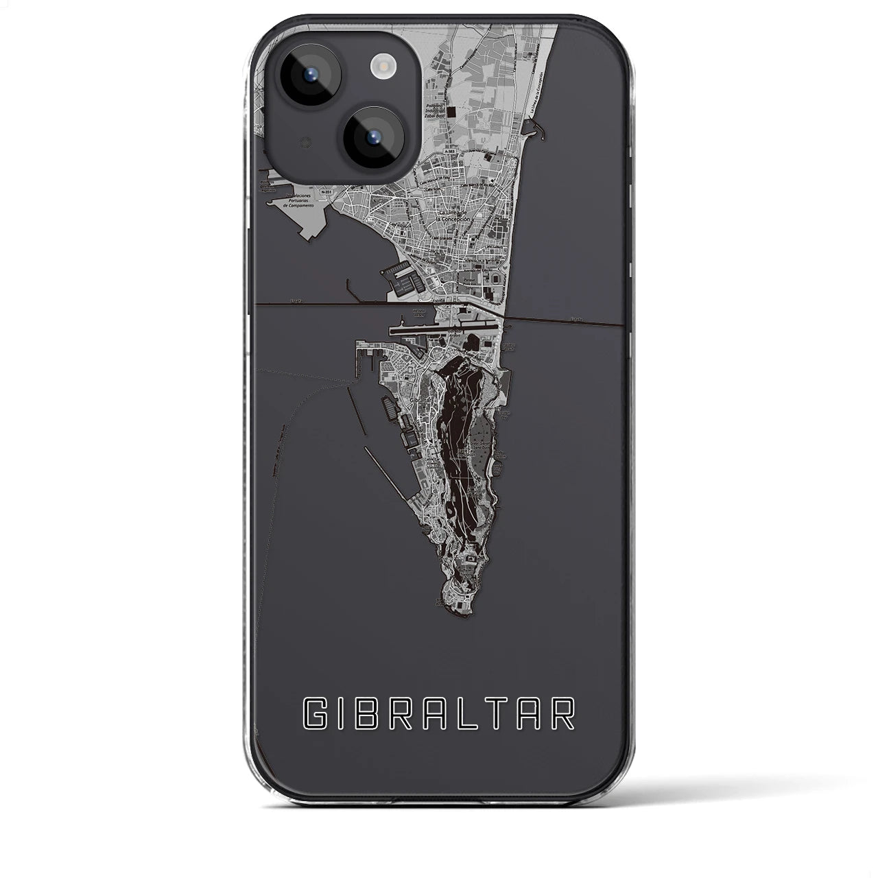【ジブラルタル(イギリス)】地図柄iPhoneケース(クリアタイプ)モノトーン・iPhone 14 Plus 用