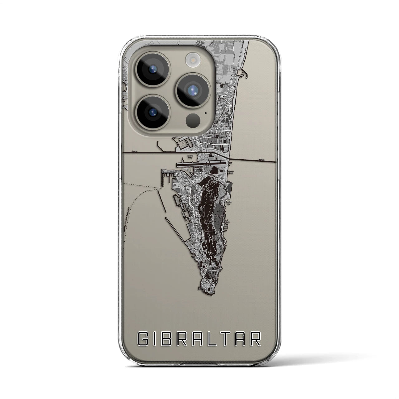 【ジブラルタル(イギリス)】地図柄iPhoneケース(クリアタイプ)モノトーン・iPhone 15 Pro 用
