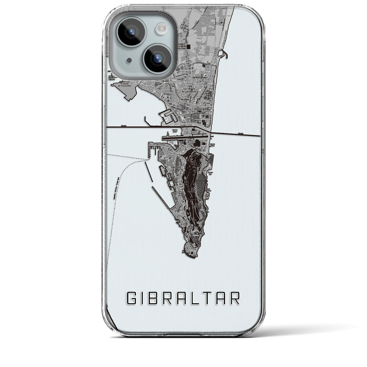 【ジブラルタル(イギリス)】地図柄iPhoneケース(クリアタイプ)モノトーン・iPhone 15 Plus 用