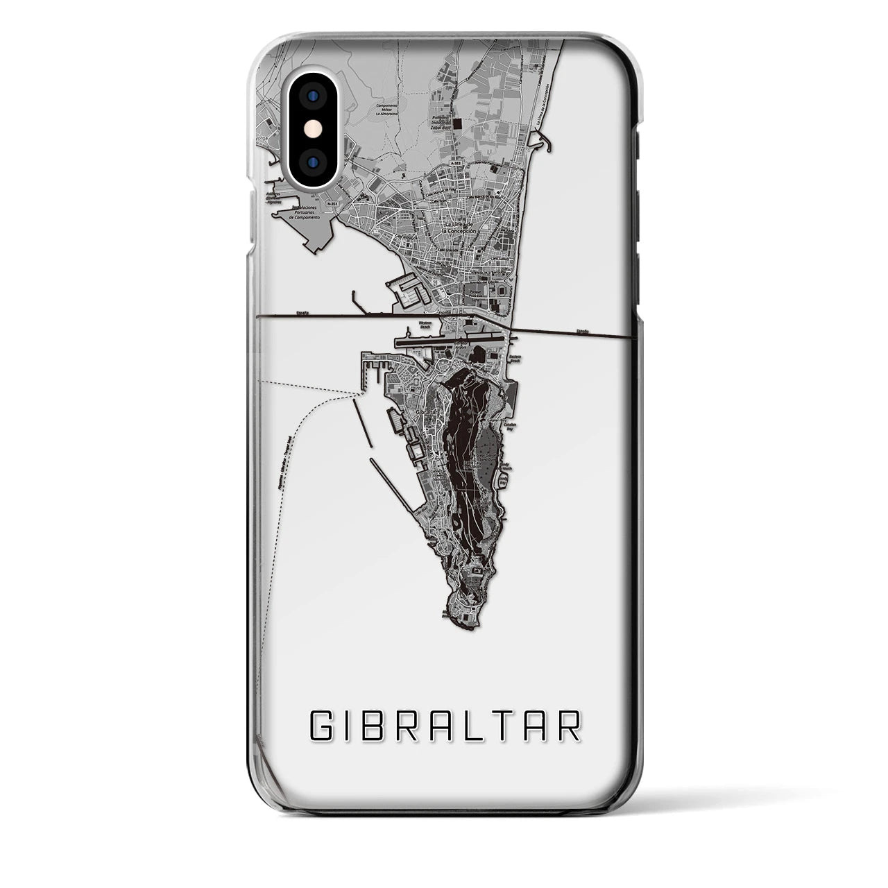 【ジブラルタル(イギリス)】地図柄iPhoneケース(クリアタイプ)モノトーン・iPhone XS Max 用