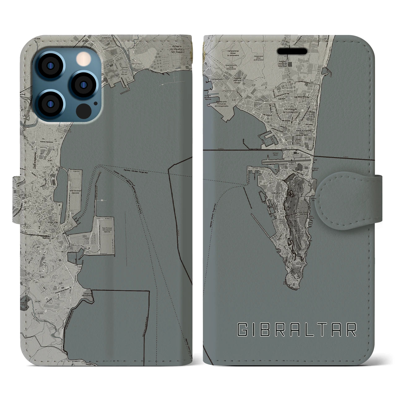 【ジブラルタル(イギリス)】地図柄iPhoneケース(手帳タイプ)モノトーン・iPhone 12 / 12 Pro 用