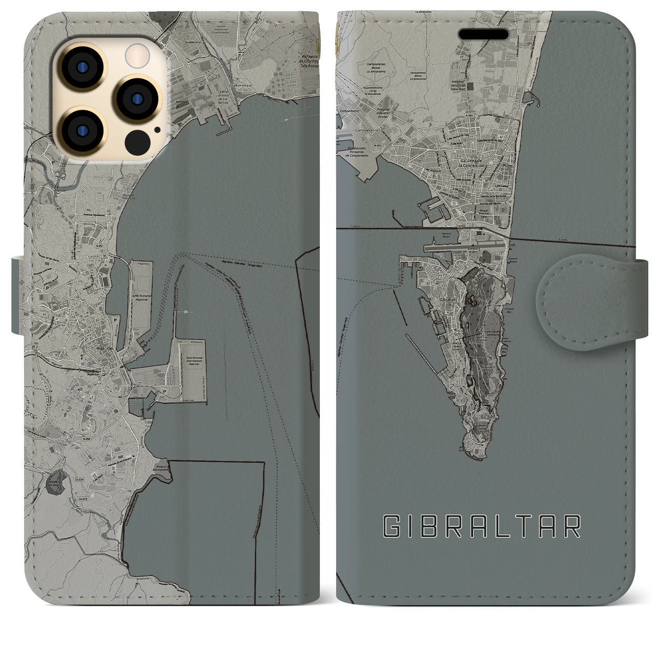 【ジブラルタル(イギリス)】地図柄iPhoneケース(手帳タイプ)モノトーン・iPhone 12 Pro Max 用