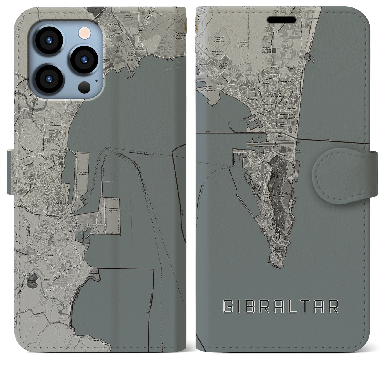【ジブラルタル(イギリス)】地図柄iPhoneケース(手帳タイプ)モノトーン・iPhone 13 Pro Max 用