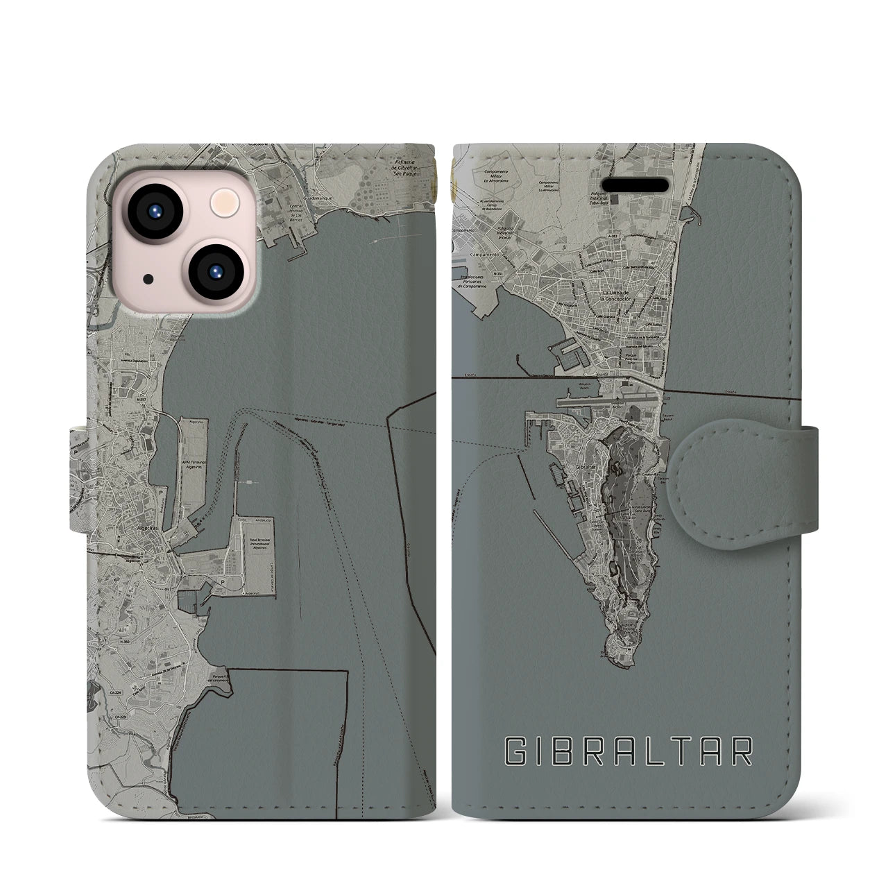 【ジブラルタル(イギリス)】地図柄iPhoneケース(手帳タイプ)モノトーン・iPhone 13 mini 用