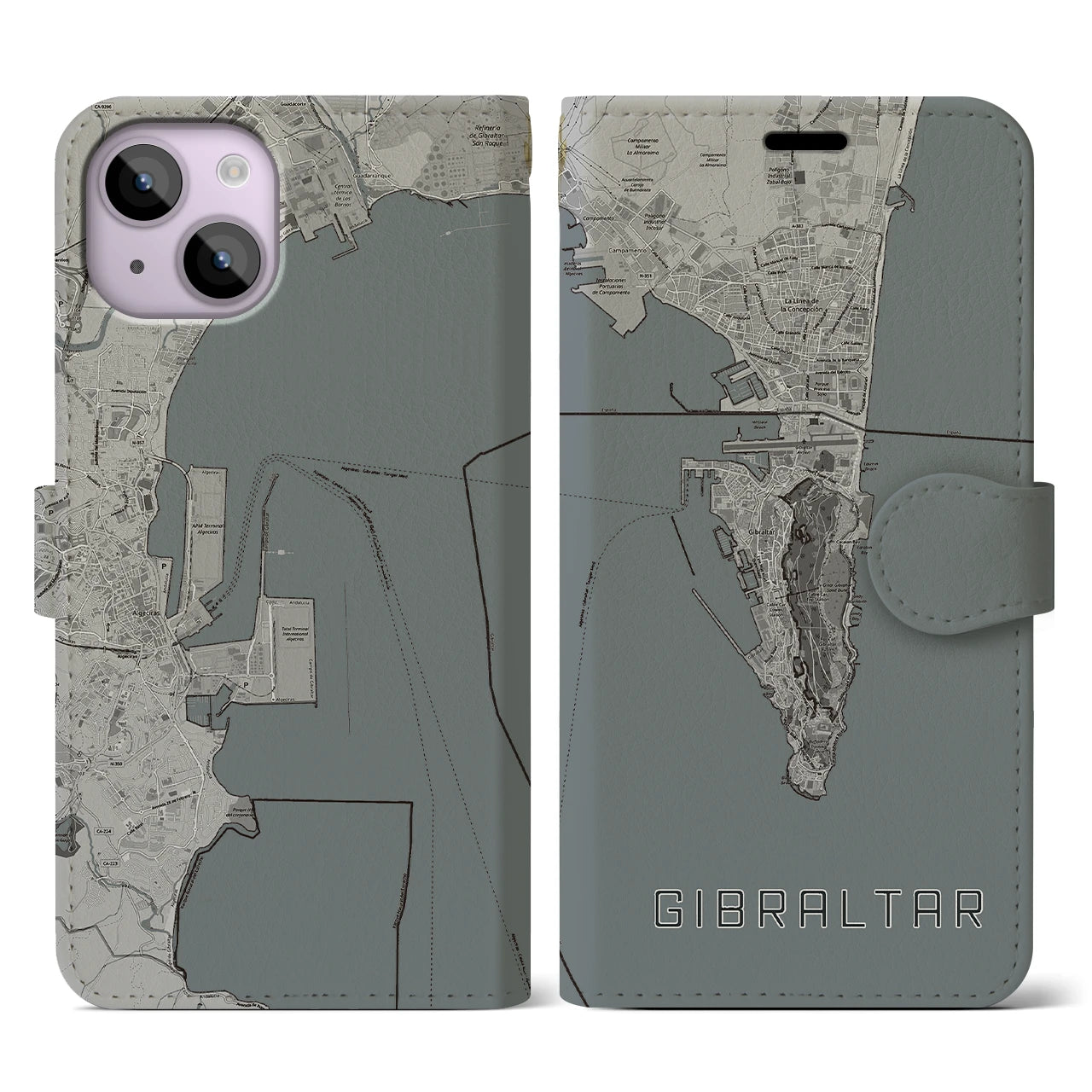 【ジブラルタル(イギリス)】地図柄iPhoneケース(手帳タイプ)モノトーン・iPhone 14 用