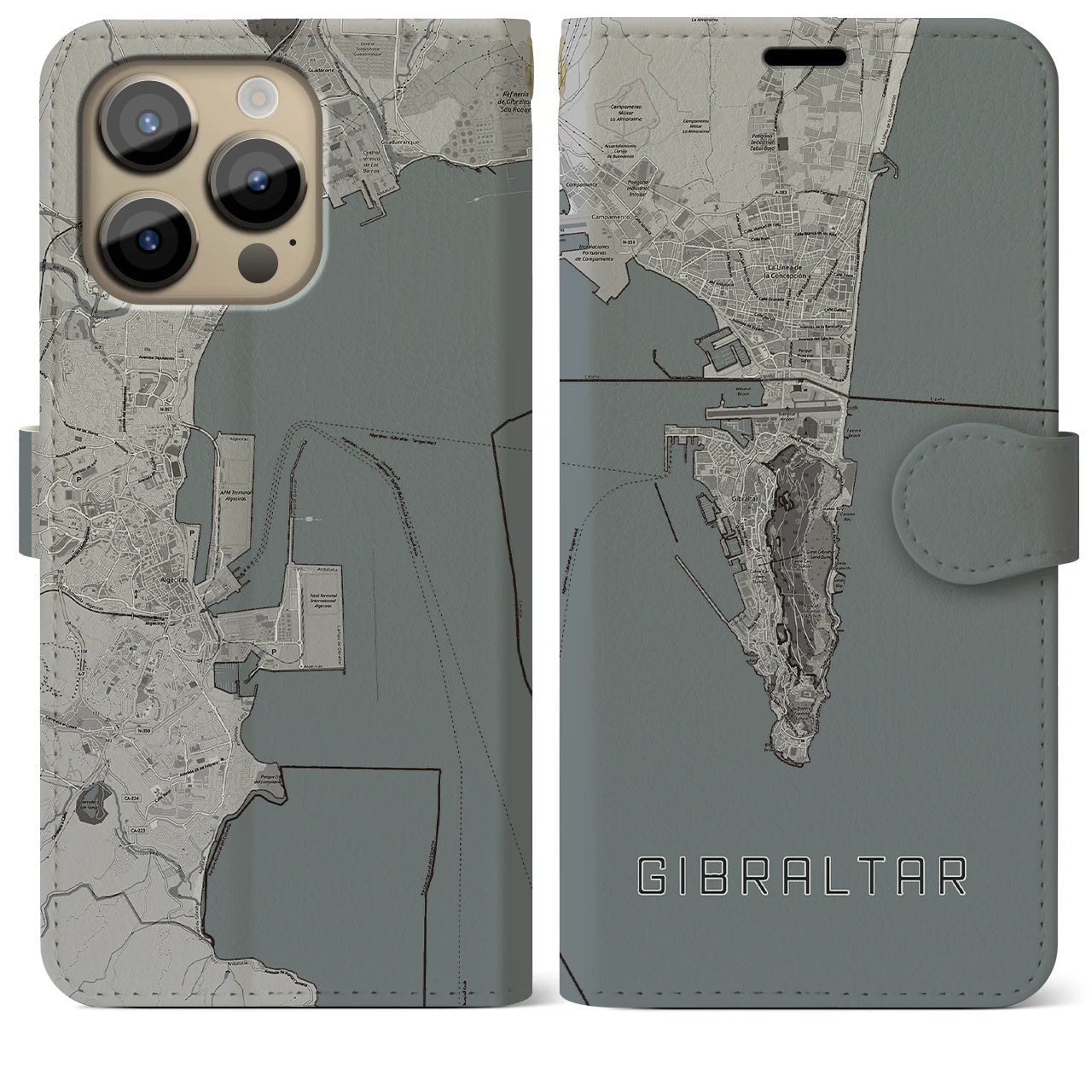 【ジブラルタル(イギリス)】地図柄iPhoneケース(手帳タイプ)モノトーン・iPhone 14 Pro Max 用