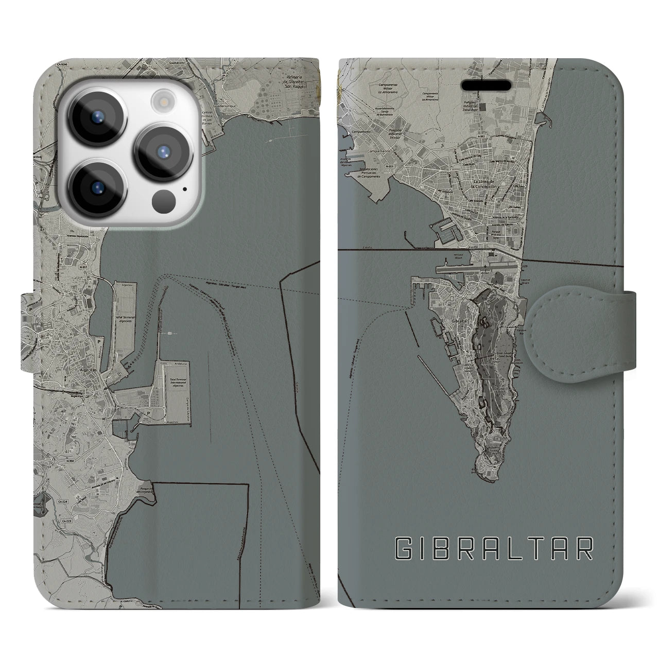 【ジブラルタル(イギリス)】地図柄iPhoneケース(手帳タイプ)モノトーン・iPhone 14 Pro 用