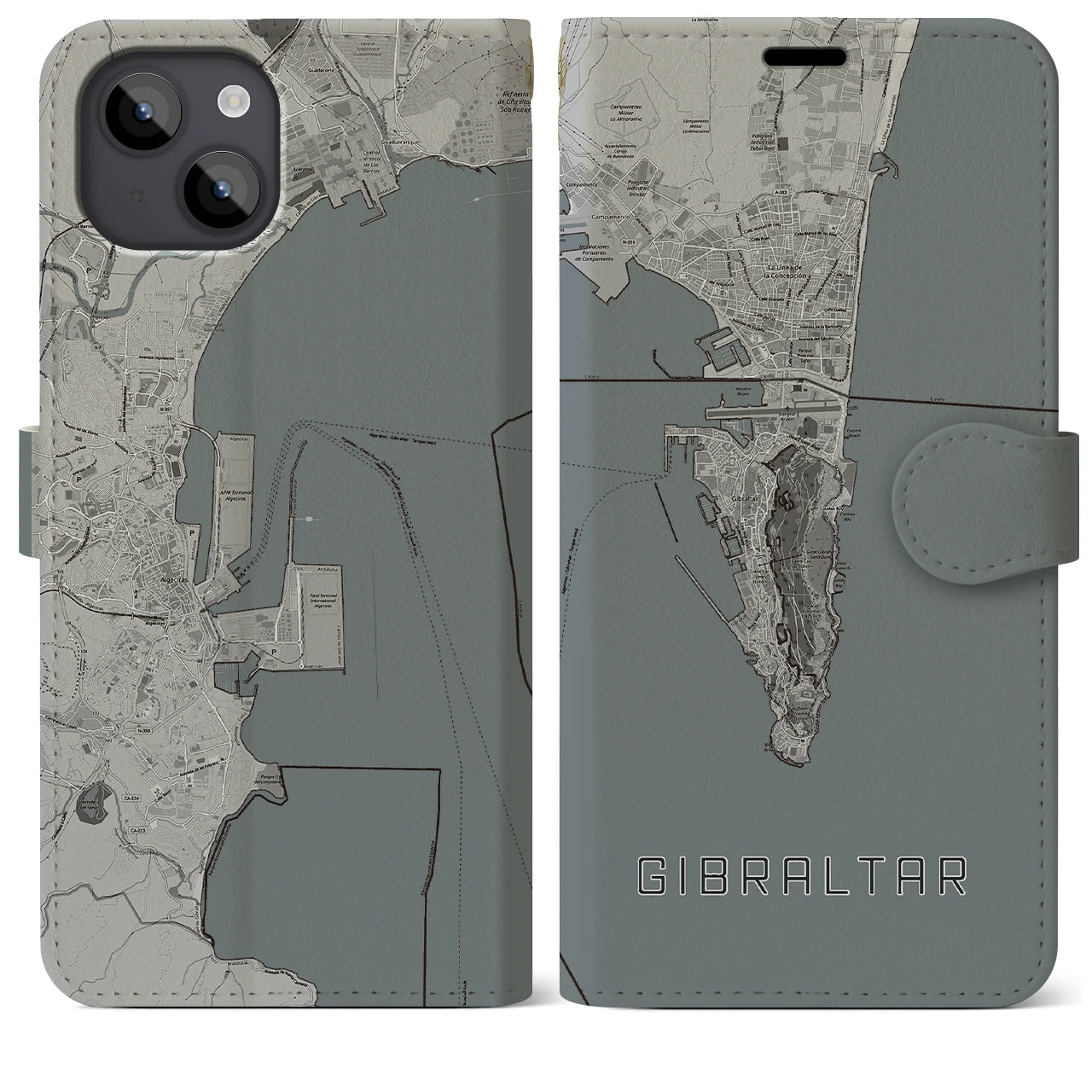 【ジブラルタル(イギリス)】地図柄iPhoneケース(手帳タイプ)モノトーン・iPhone 14 Plus 用
