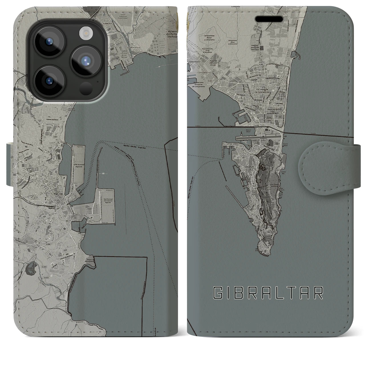 【ジブラルタル(イギリス)】地図柄iPhoneケース(手帳タイプ)モノトーン・iPhone 15 Pro Max 用
