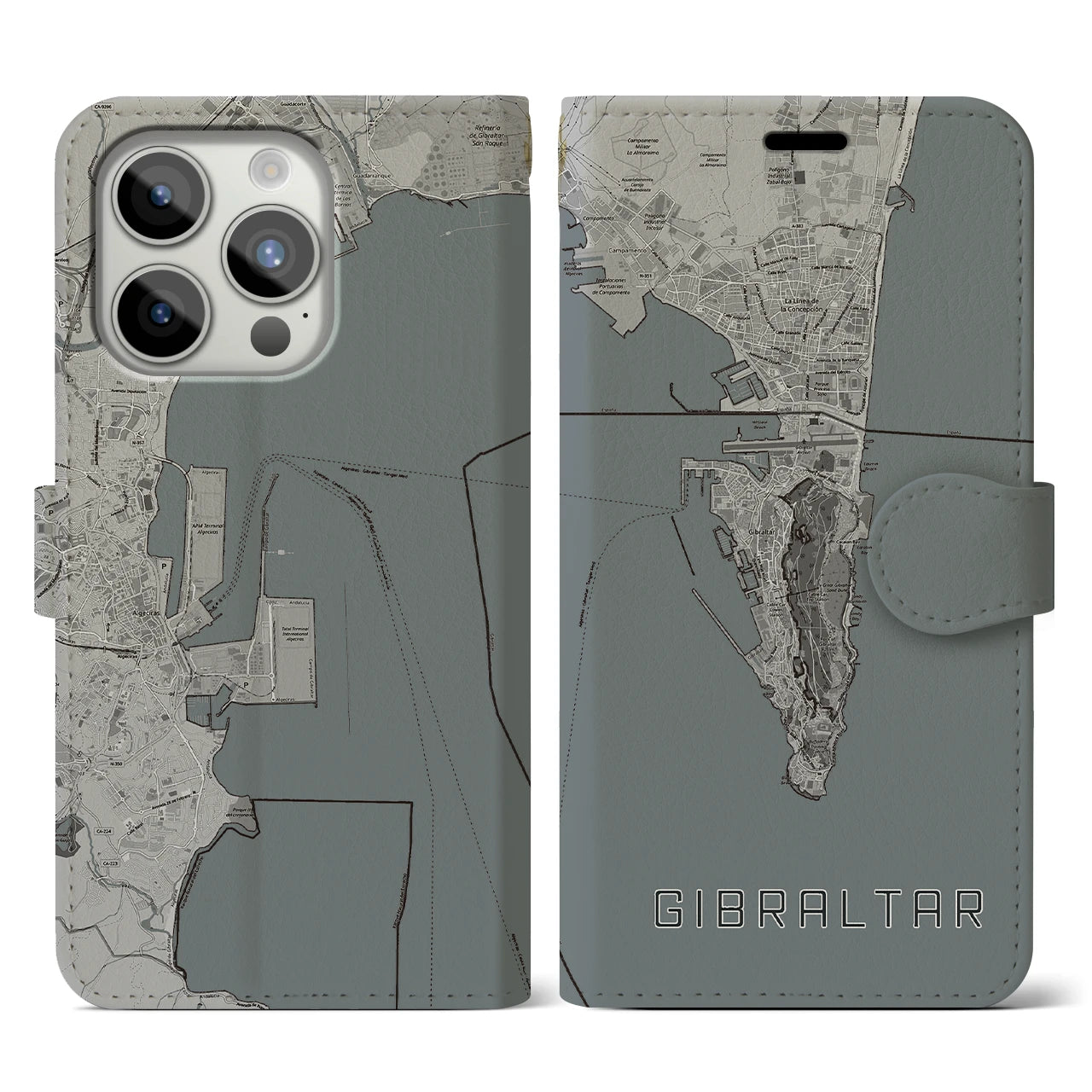 【ジブラルタル(イギリス)】地図柄iPhoneケース(手帳タイプ)モノトーン・iPhone 15 Pro 用