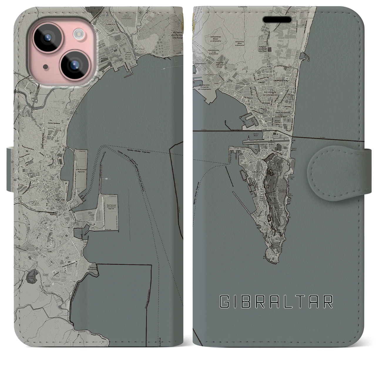 【ジブラルタル(イギリス)】地図柄iPhoneケース(手帳タイプ)モノトーン・iPhone 15 Plus 用