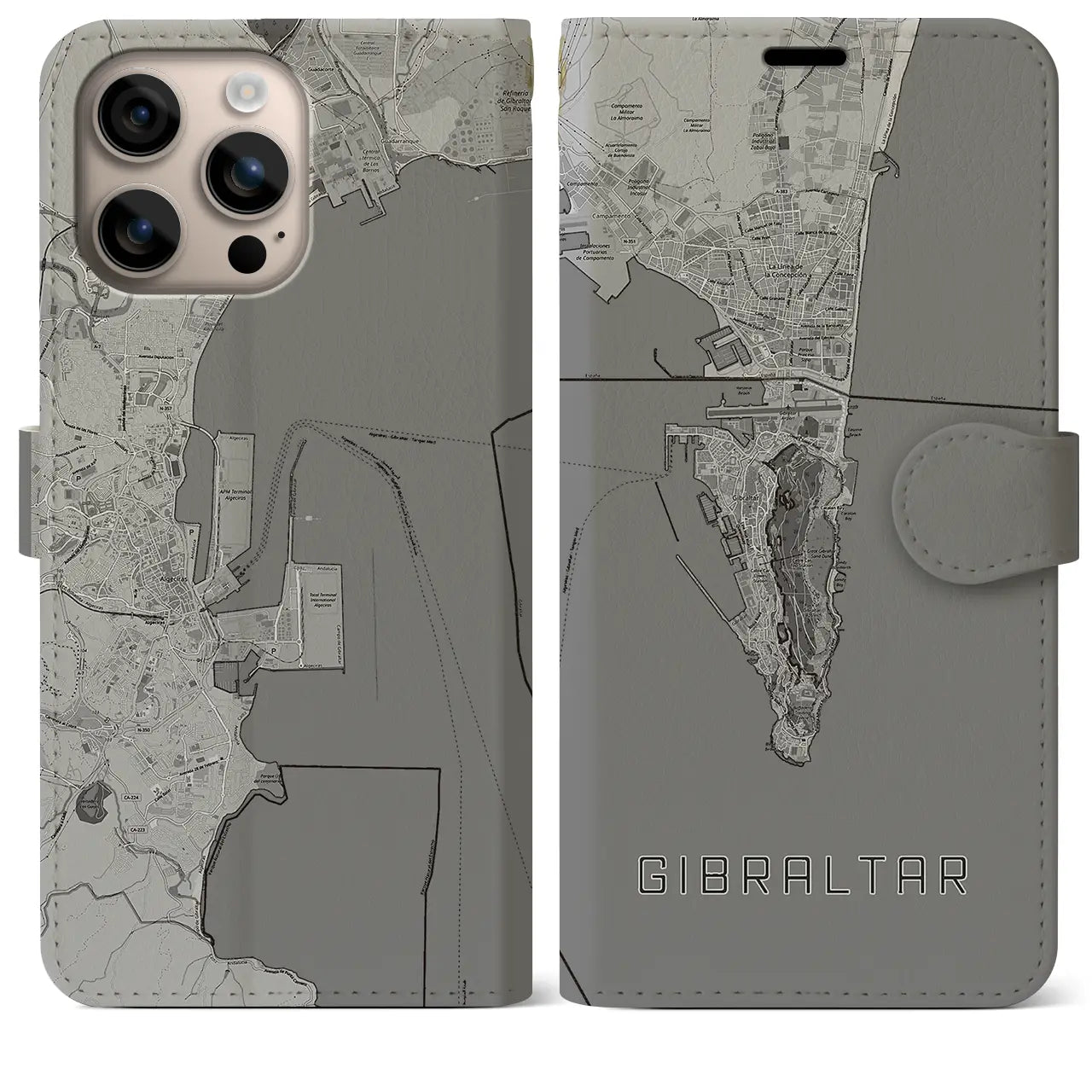 【ジブラルタル(イギリス)】地図柄iPhoneケース(手帳タイプ)モノトーン・iPhone 16 Plus 用