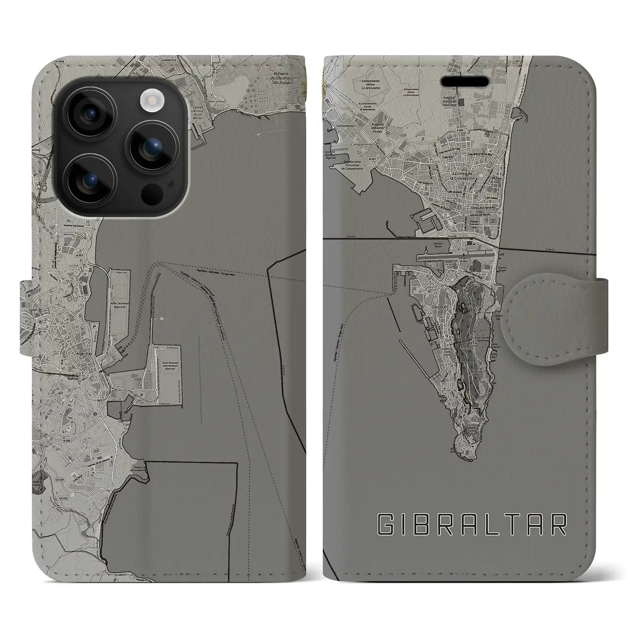 【ジブラルタル(イギリス)】地図柄iPhoneケース(手帳タイプ)モノトーン・iPhone 16 用