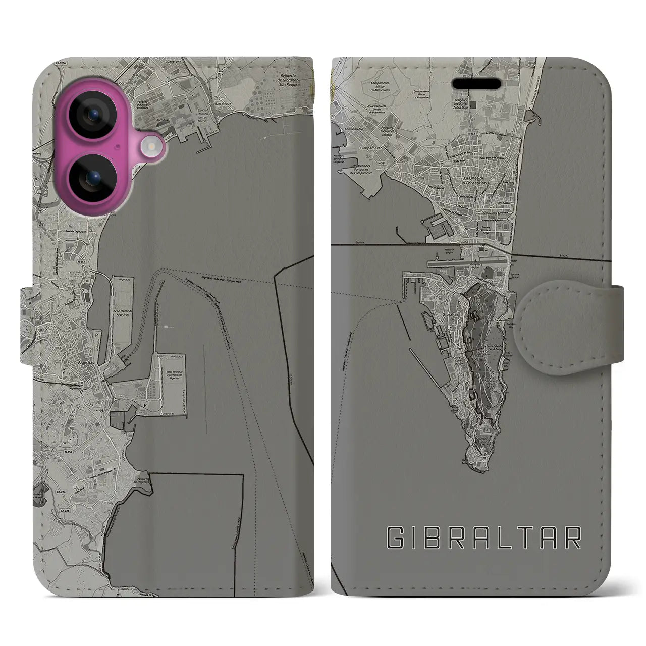 【ジブラルタル(イギリス)】地図柄iPhoneケース(手帳タイプ)モノトーン・iPhone 16 Pro 用