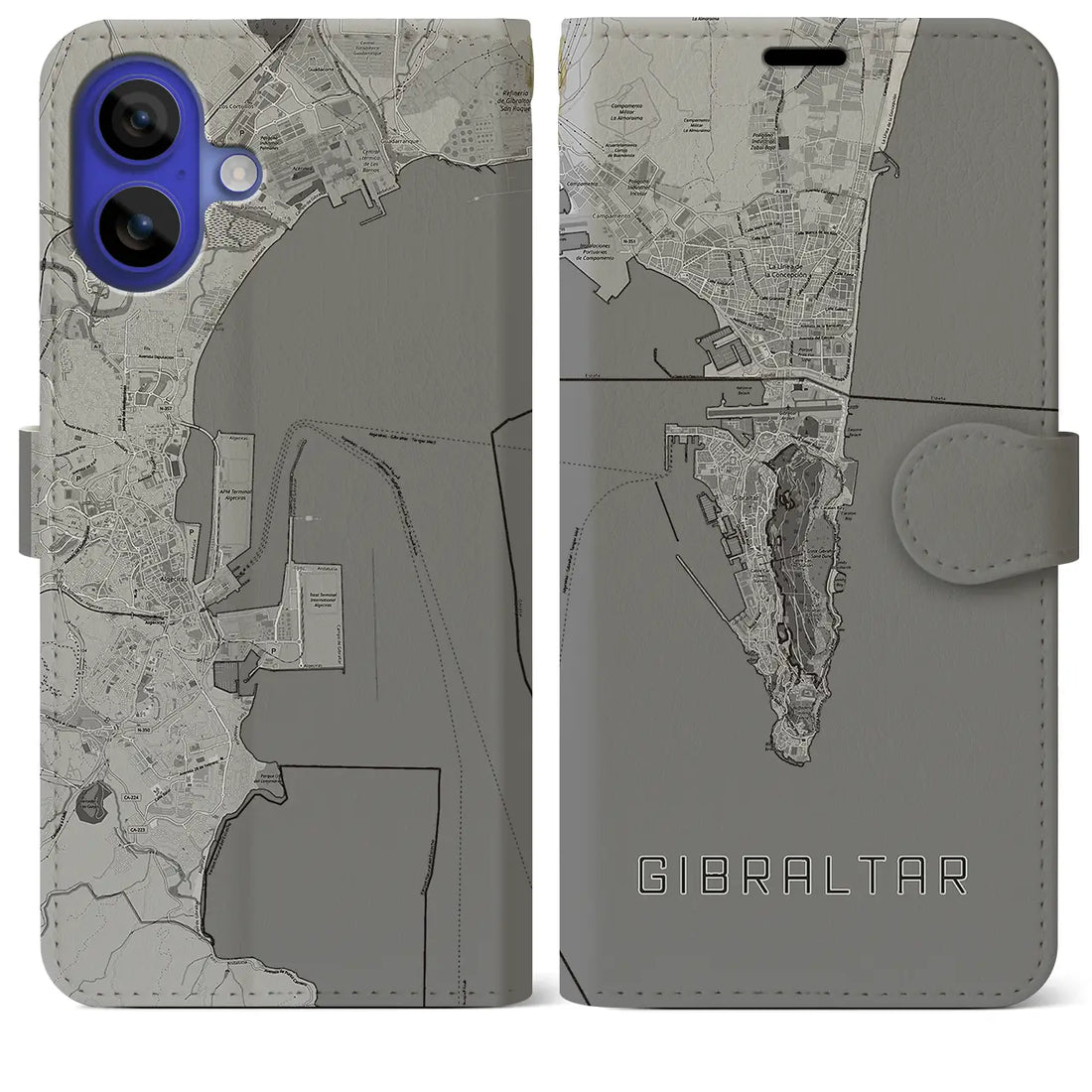 【ジブラルタル(イギリス)】地図柄iPhoneケース(手帳タイプ)モノトーン・iPhone 16 Pro Max 用