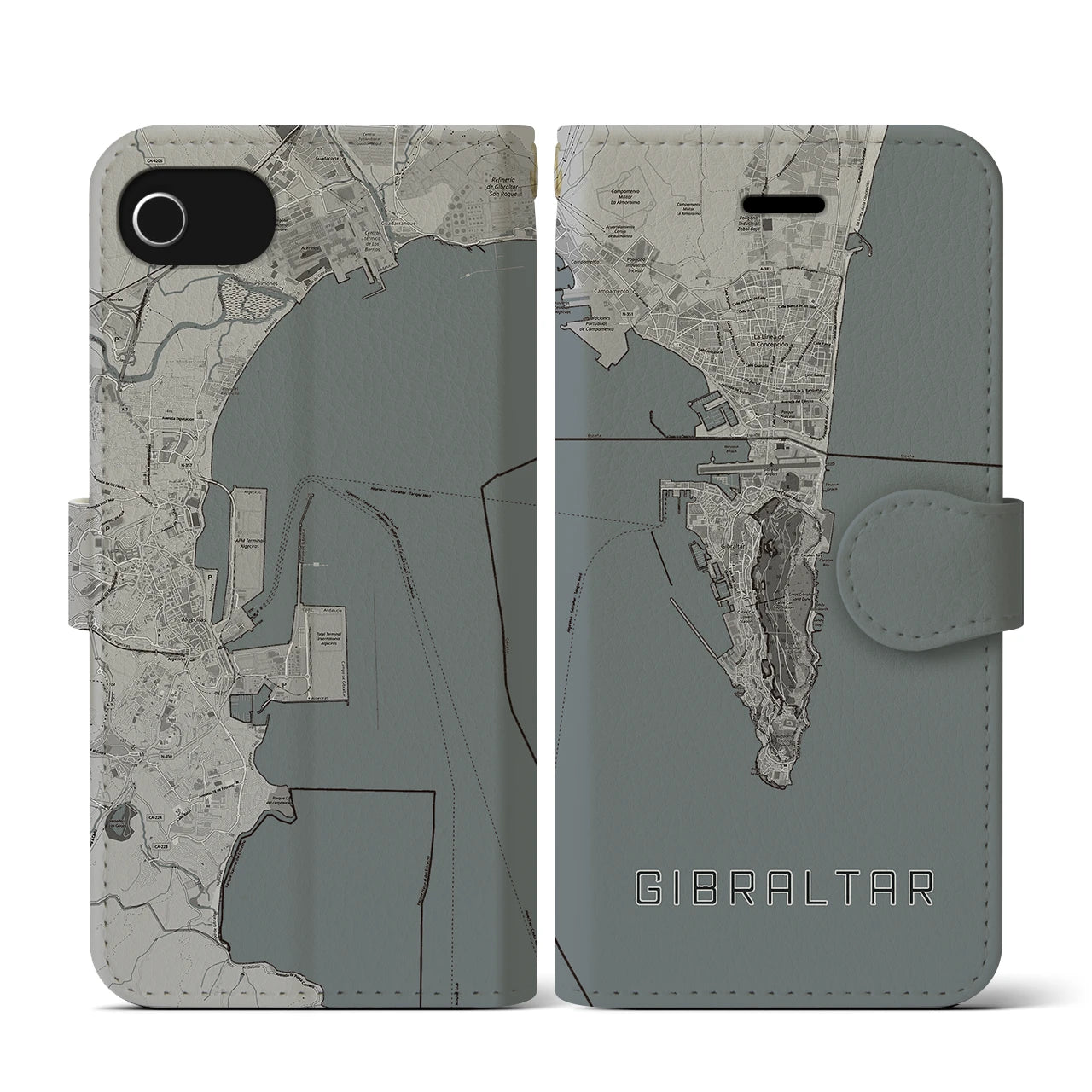【ジブラルタル(イギリス)】地図柄iPhoneケース(手帳タイプ)モノトーン・iPhone SE(第3 / 第2世代) / 8 / 7 / 6s / 6 用