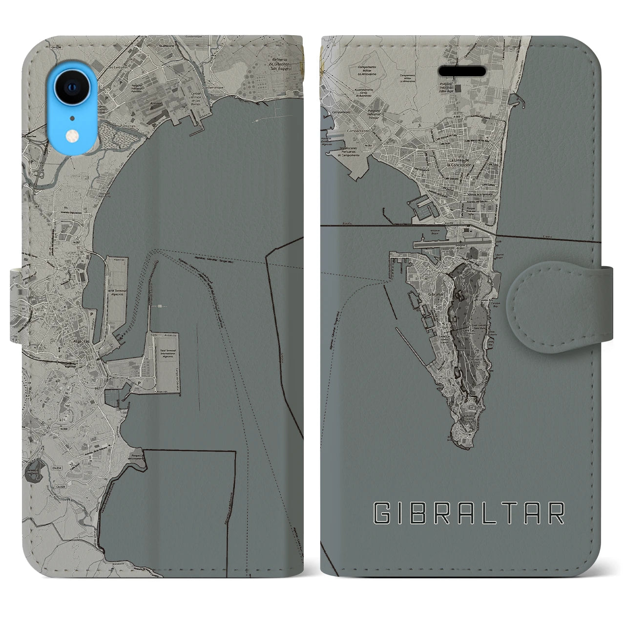 【ジブラルタル(イギリス)】地図柄iPhoneケース(手帳タイプ)モノトーン・iPhone XR 用