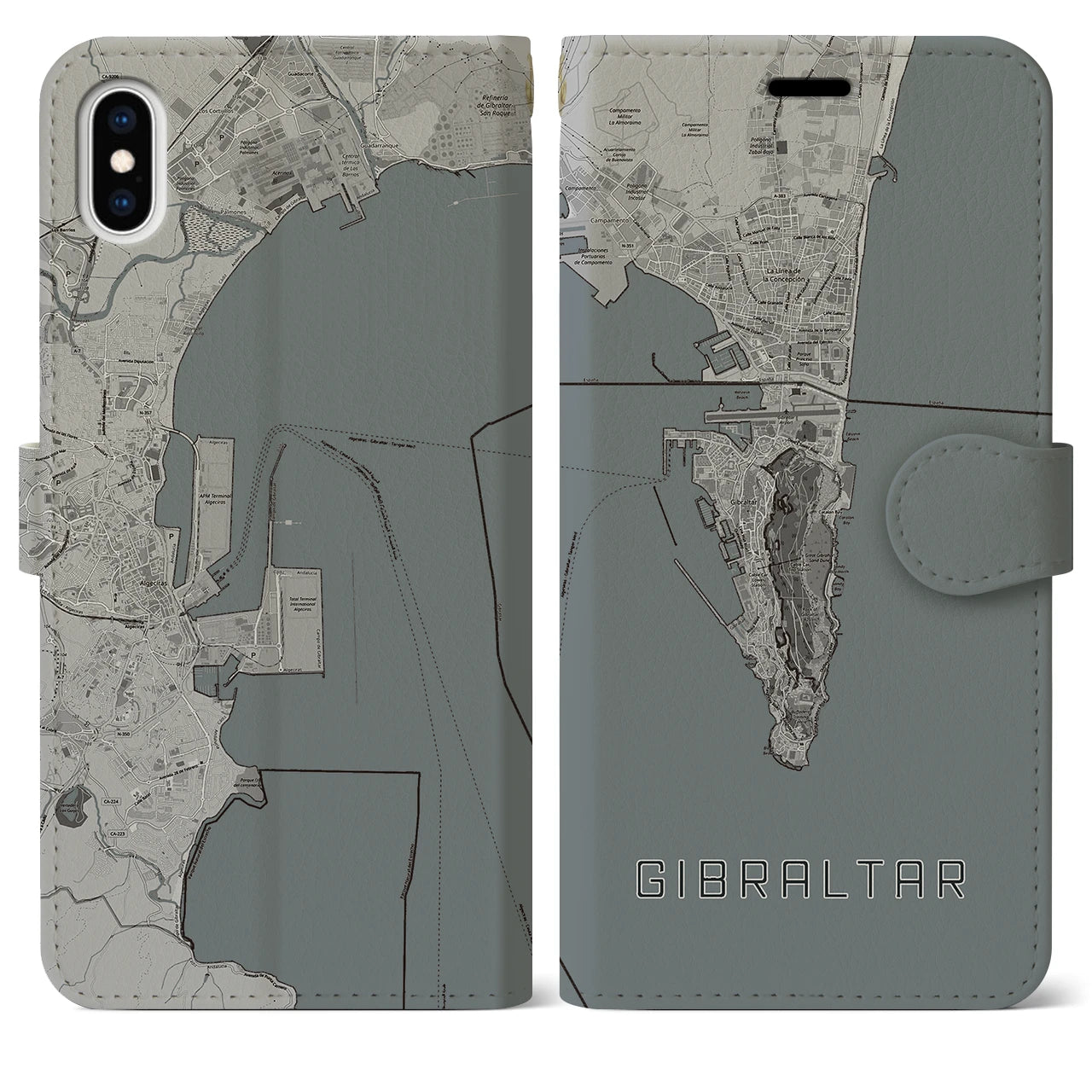 【ジブラルタル(イギリス)】地図柄iPhoneケース(手帳タイプ)モノトーン・iPhone XS Max 用