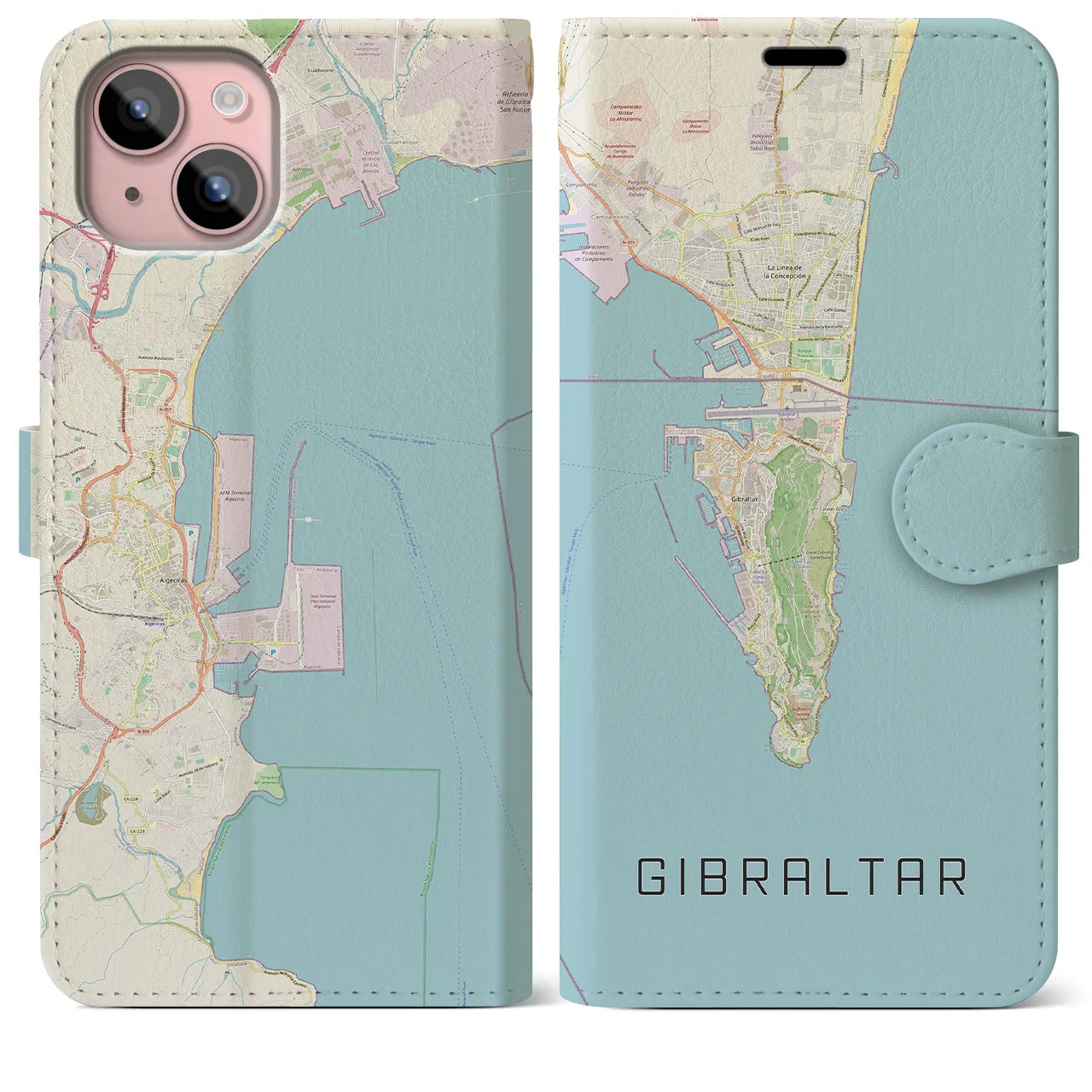 【ジブラルタル(イギリス)】地図柄iPhoneケース(手帳タイプ)ナチュラル・iPhone 15 Plus 用