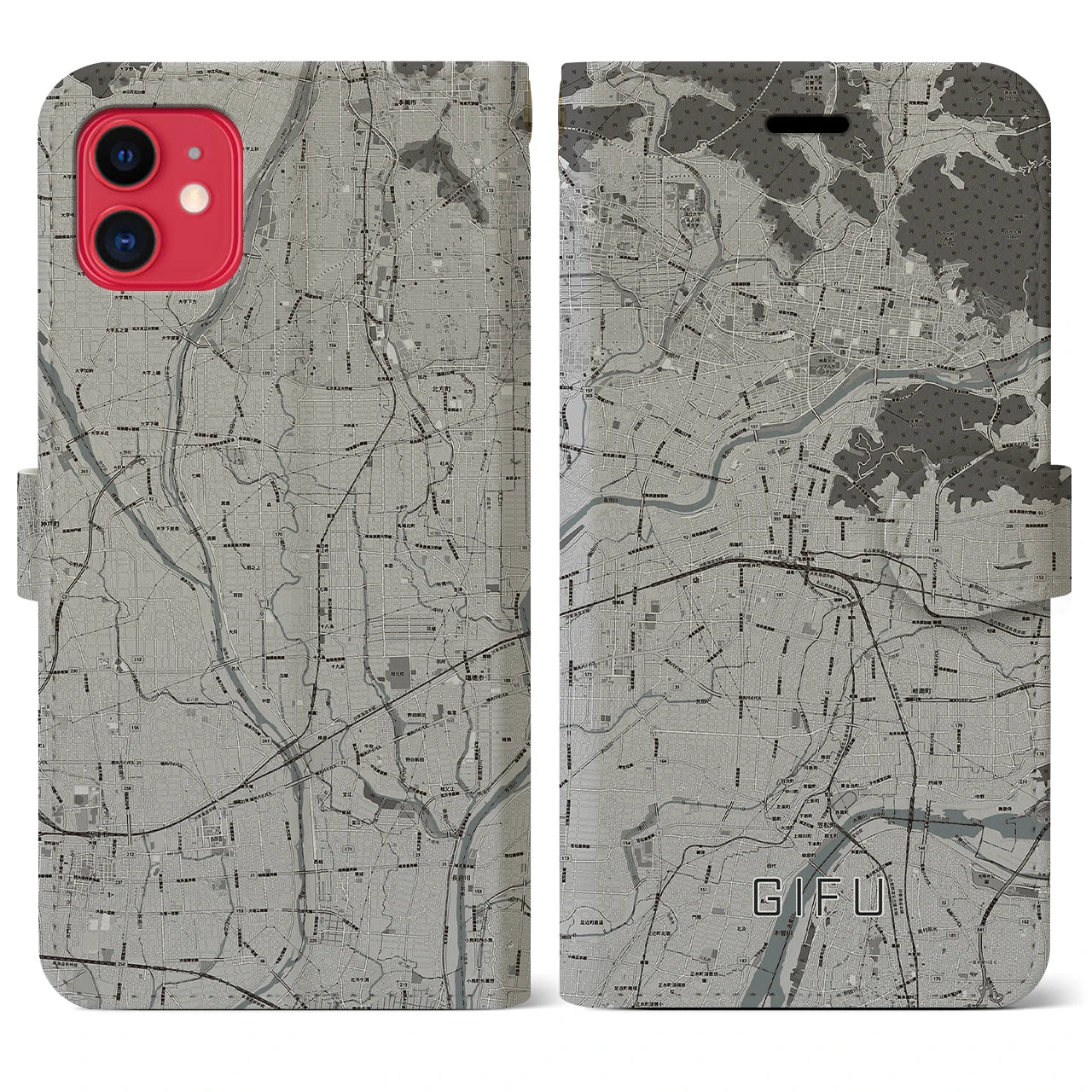 【岐阜(岐阜県)】地図柄iPhoneケース(手帳タイプ)モノトーン・iPhone 11 用