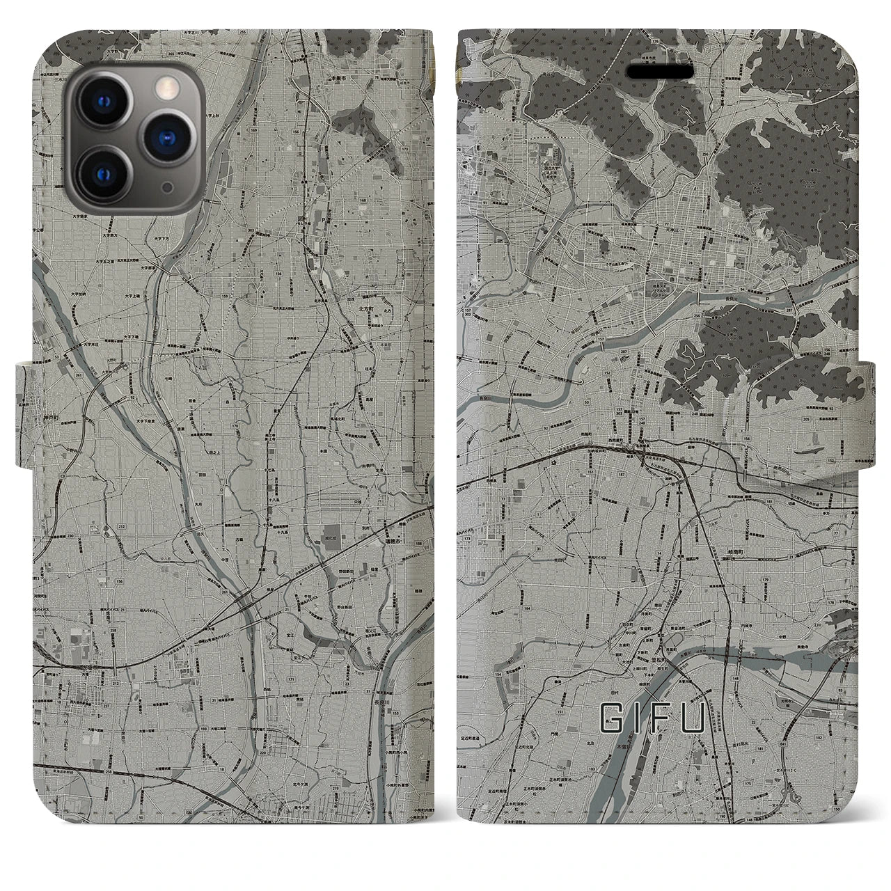 【岐阜(岐阜県)】地図柄iPhoneケース(手帳タイプ)モノトーン・iPhone 11 Pro Max 用