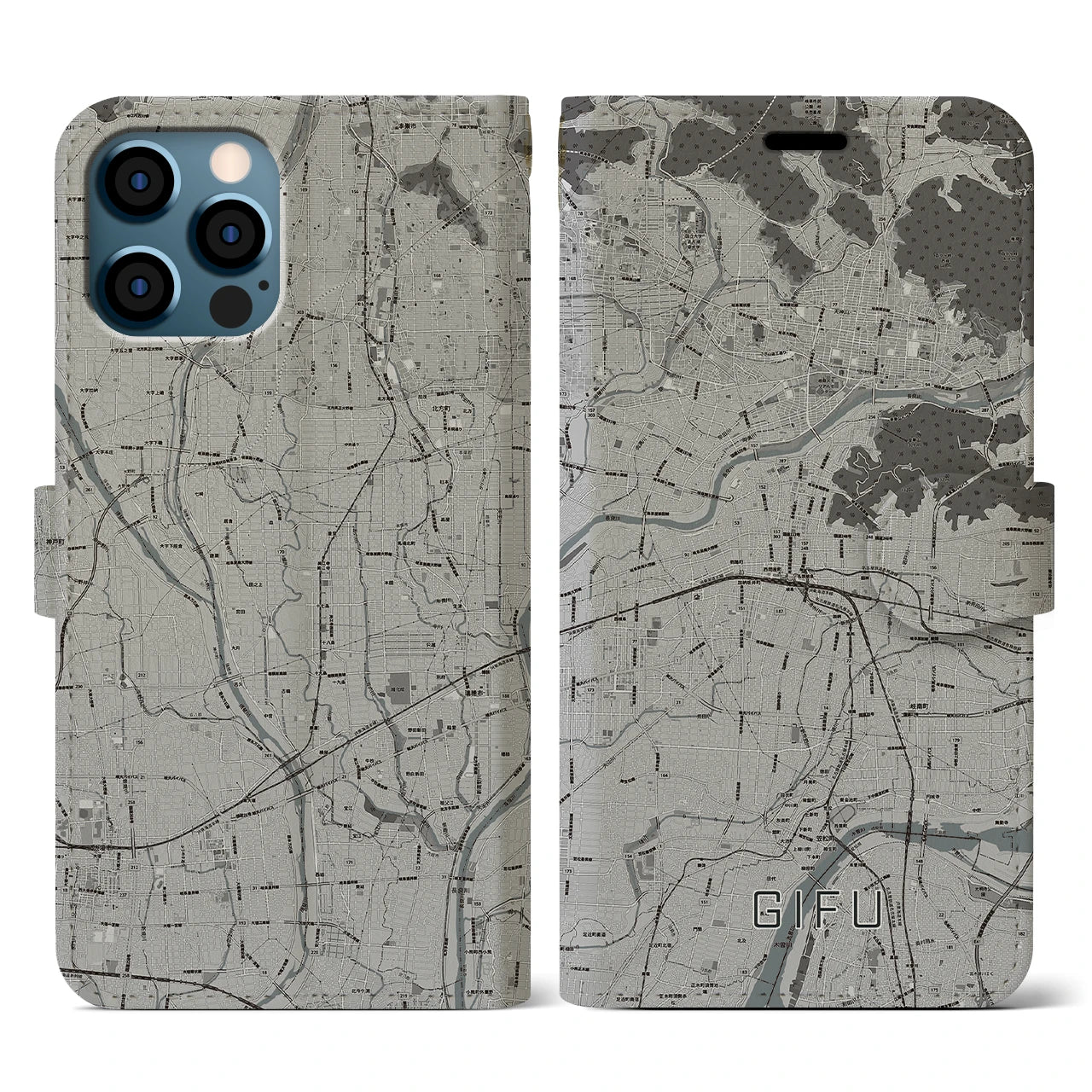 【岐阜(岐阜県)】地図柄iPhoneケース(手帳タイプ)モノトーン・iPhone 12 / 12 Pro 用