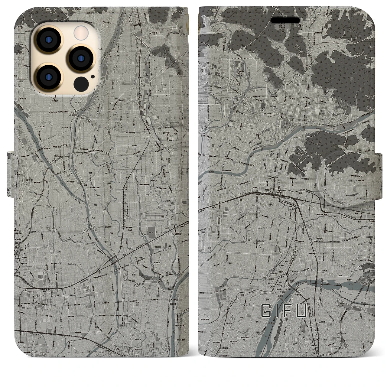 【岐阜(岐阜県)】地図柄iPhoneケース(手帳タイプ)モノトーン・iPhone 12 Pro Max 用